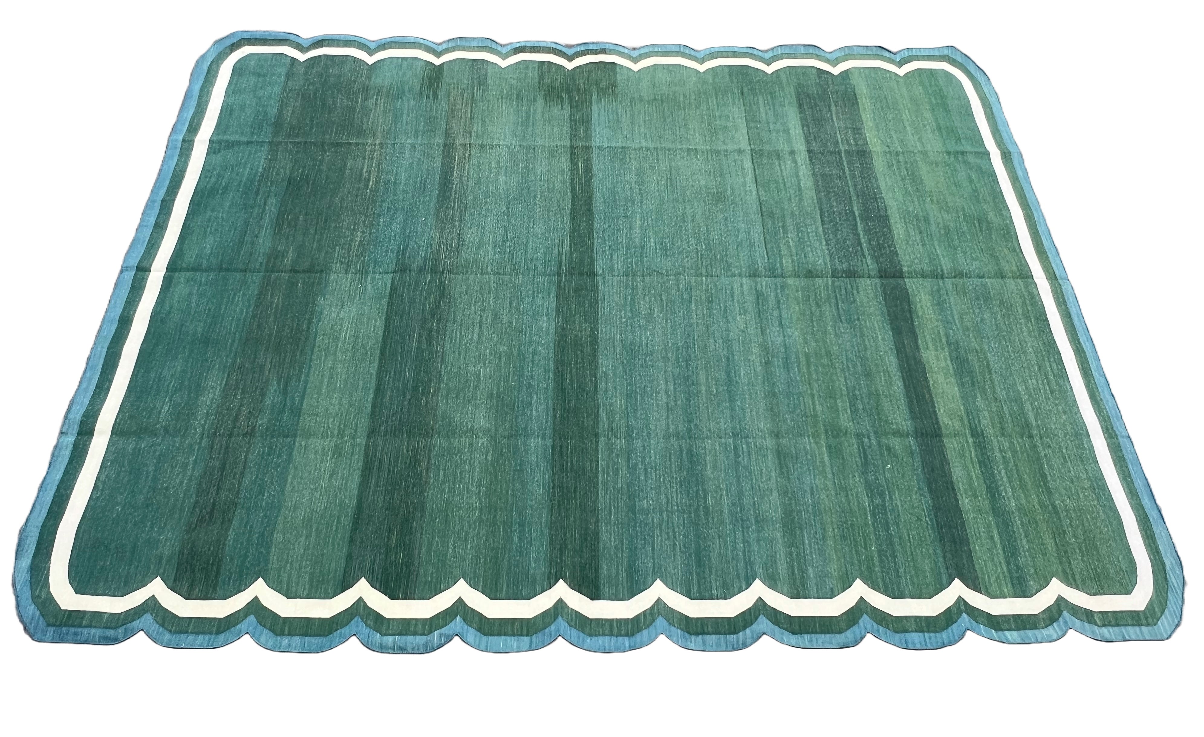 Modern Handmade Cotton Forest Green, Cream and Teal Blue Scalloped Rug-9649
