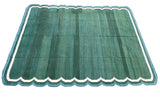 Modern Handmade Cotton Forest Green, Cream and Teal Blue Scalloped Rug-9649