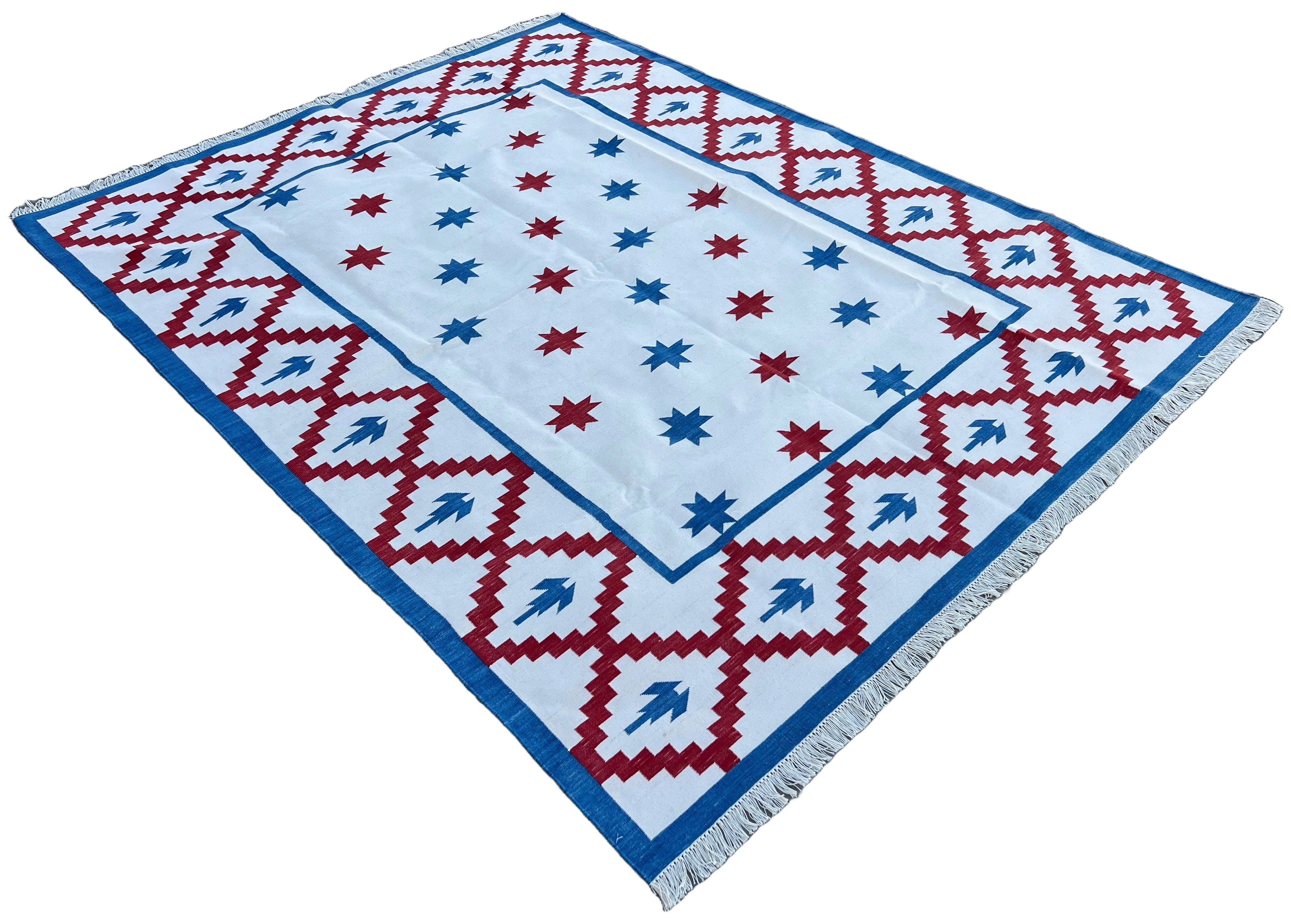 Modern Handmade Cotton Cream, Blue And Red Geometric/ Star Rug - MC-6726