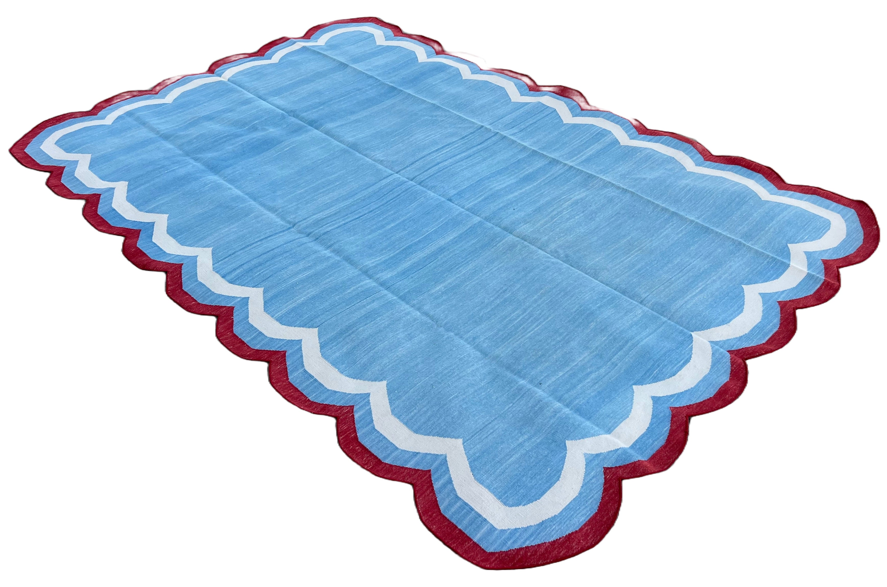 Modern Handmade Cotton Sky Blue, Cream and Red Scalloped Rug-9651