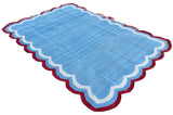 Modern Handmade Cotton Sky Blue, Cream and Red Scalloped Rug-9651