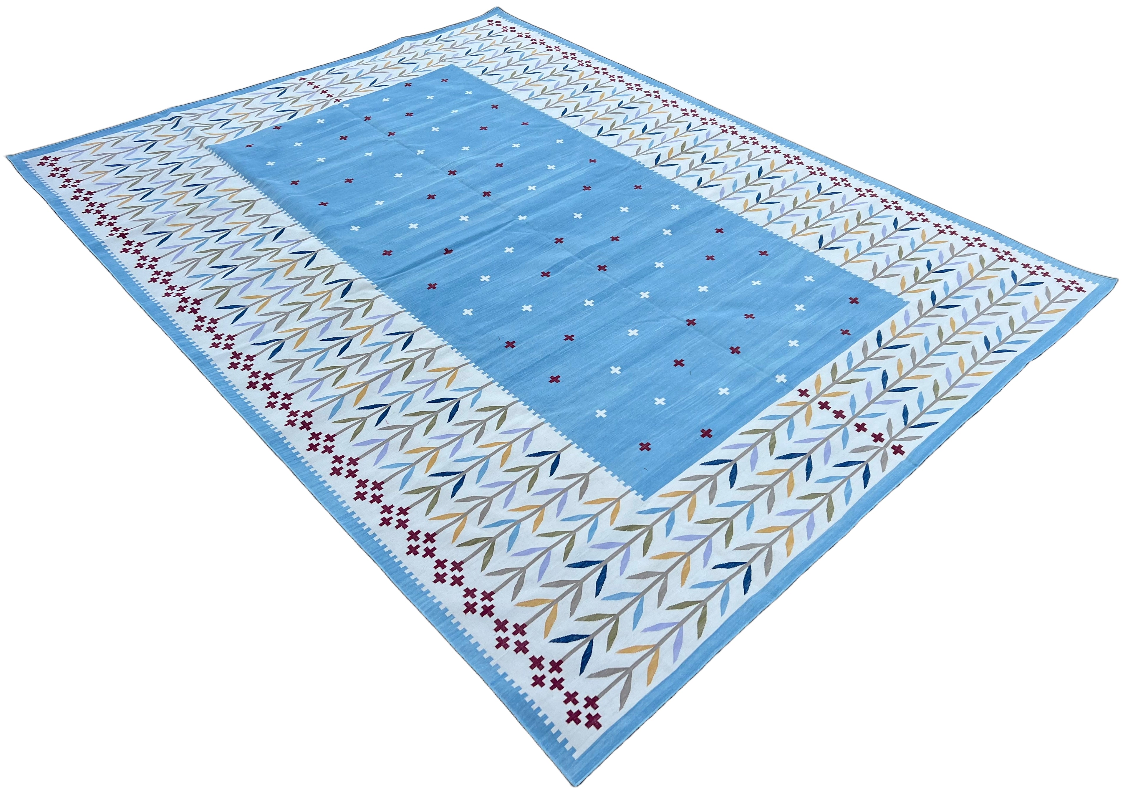 Modern Handmade Cotton Area Flat Weave Rug, Natural Vegetable Dyed, Sky Blue And Cream Leaf Indian Dhurrie