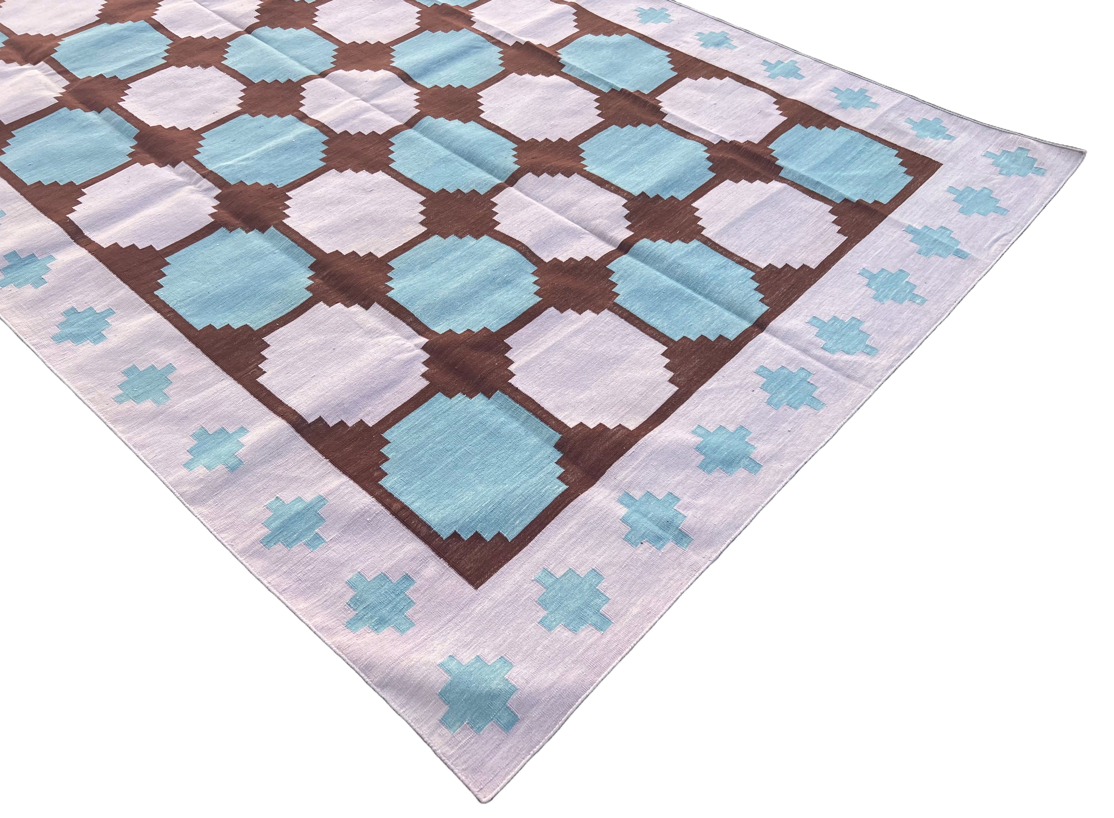 Modern Handmade Cotton Lavender And Blue Geometric Tile Star Rug-6539