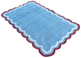 Modern Handmade Cotton Sky Blue, Cream and Red Scalloped Rug-9651