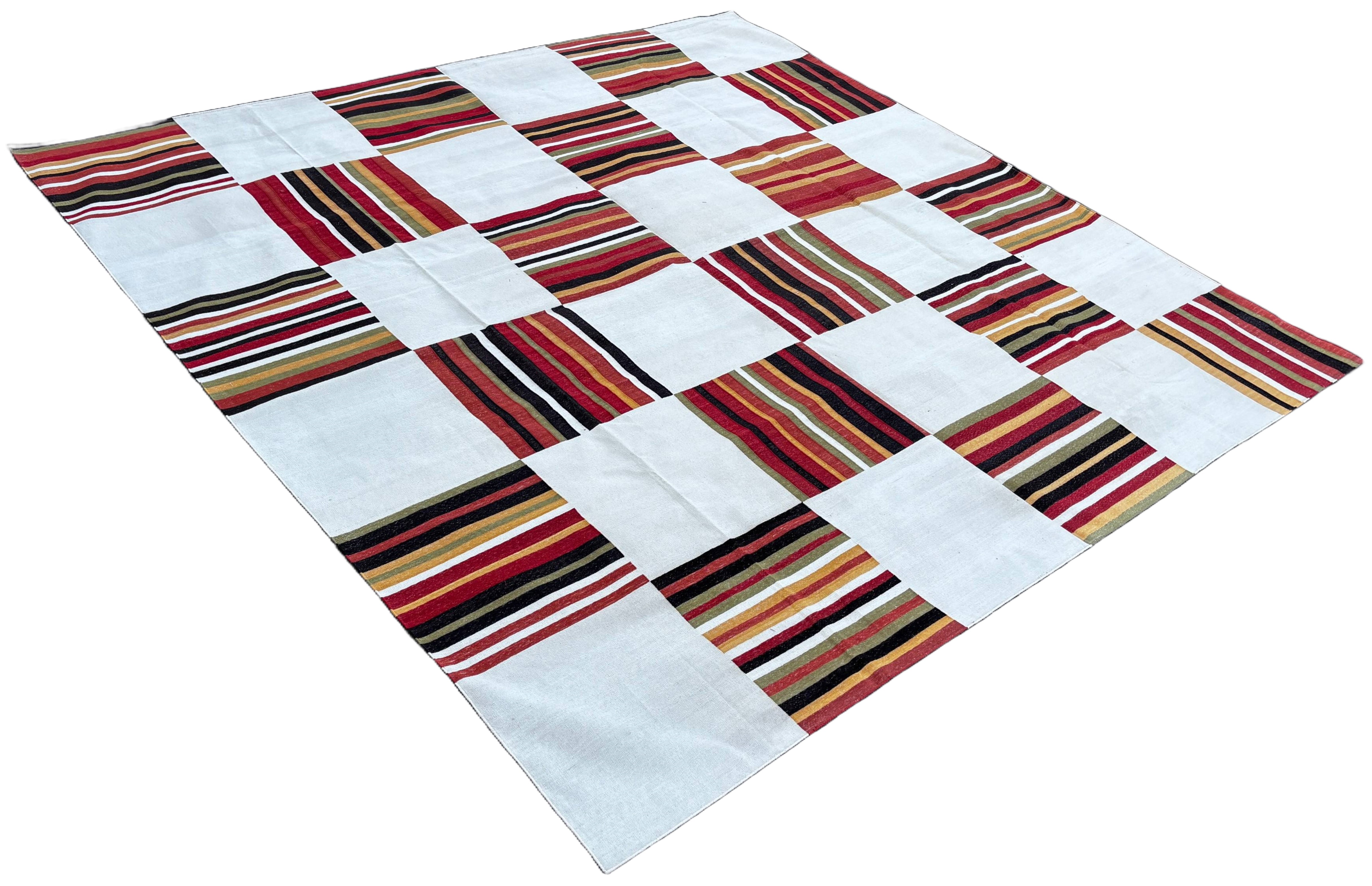 Modern Handmade Cotton Rug, 10x10 Cream, Red, Green, Brown Tile Striped Rug-6768