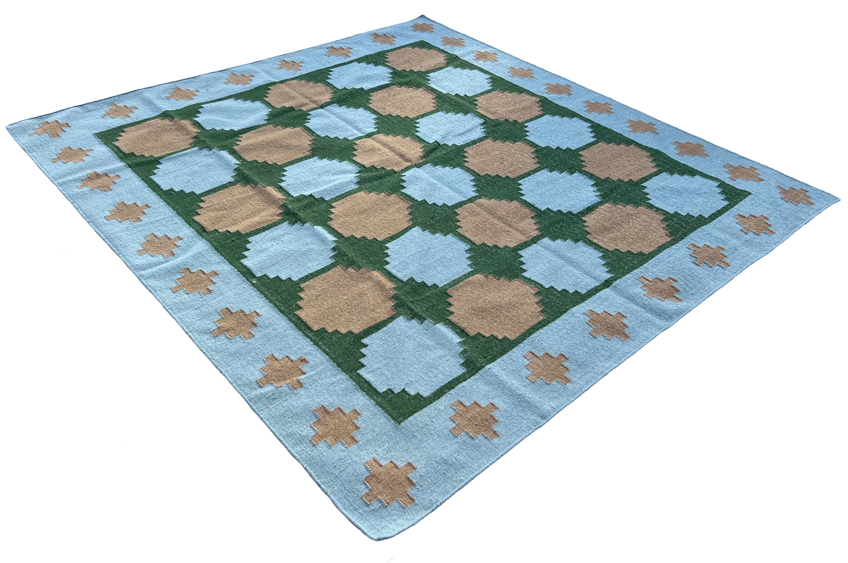 Modern Handmade New Zealand Wool Sky Blue, Beige And Green Tile Swedish Rug-6810
