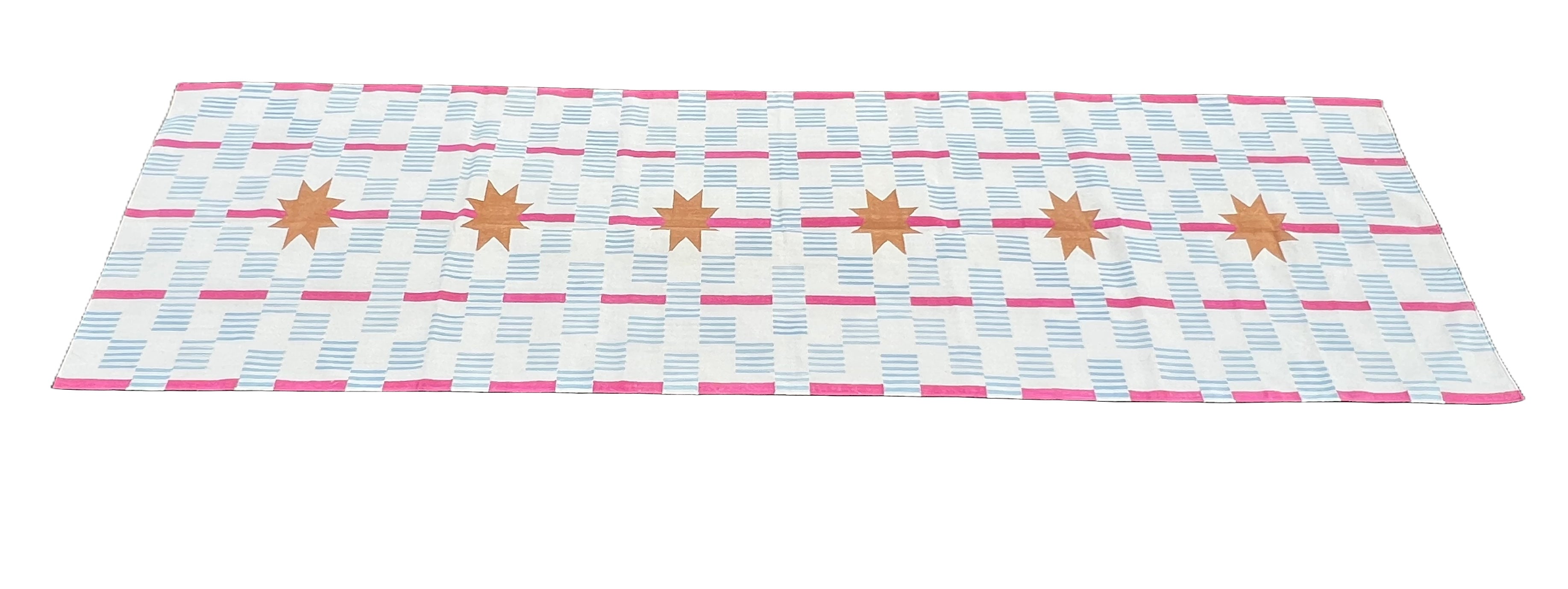 Modern Handmade Cotton Cream, Sky Blue Tan And Pink 4x14 Feet Star And Dash Runner-6749