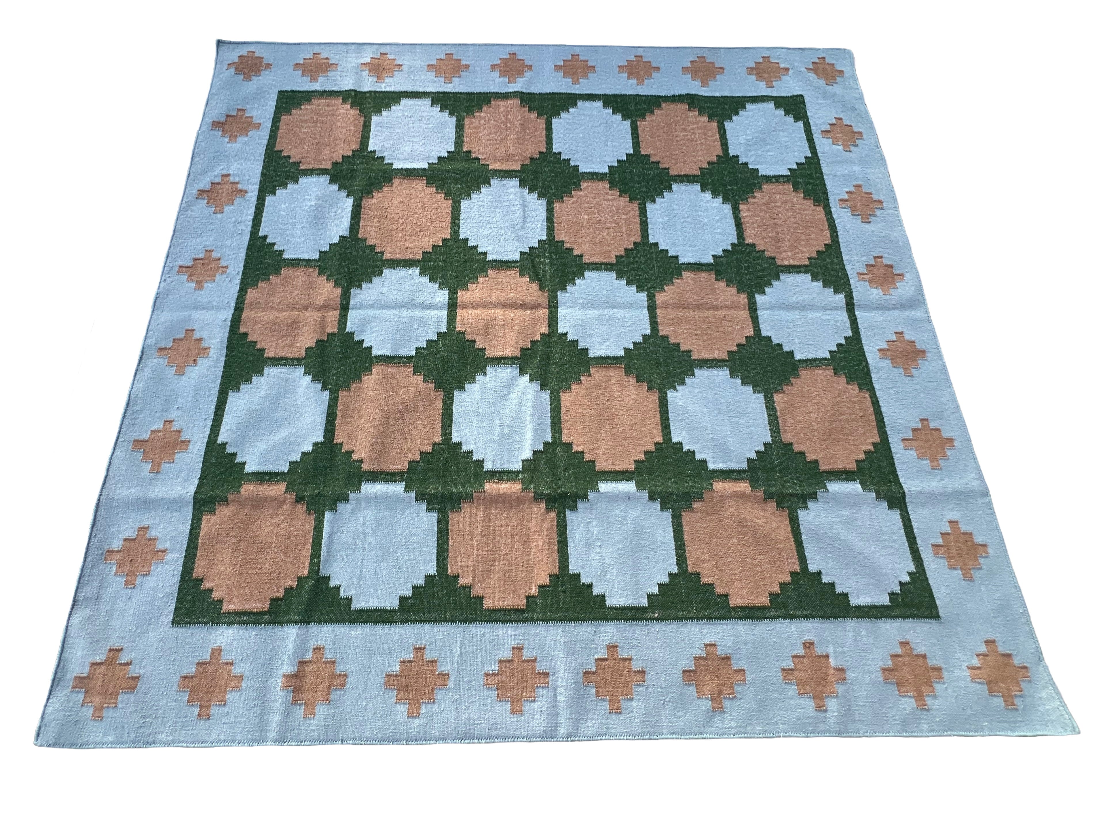 Modern Handmade New Zealand Wool Sky Blue, Beige And Green Tile Swedish Rug-6810