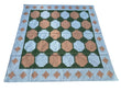 Modern Handmade New Zealand Wool Sky Blue, Beige And Green Tile Swedish Rug-6810