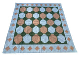 Modern Handmade New Zealand Wool Sky Blue, Beige And Green Tile Swedish Rug-6810