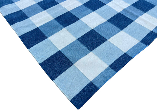 Modern Handmade Woolen Area Flat Weave Rug, Natural Vegetable Dyed, Blue And Cream Checked Indian Dhurrie, Woolen Striped Rug, Wall Tapestry