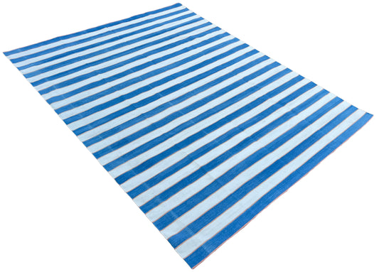 Modern Handmade Cotton Blue And Cream Striped Rug-6702