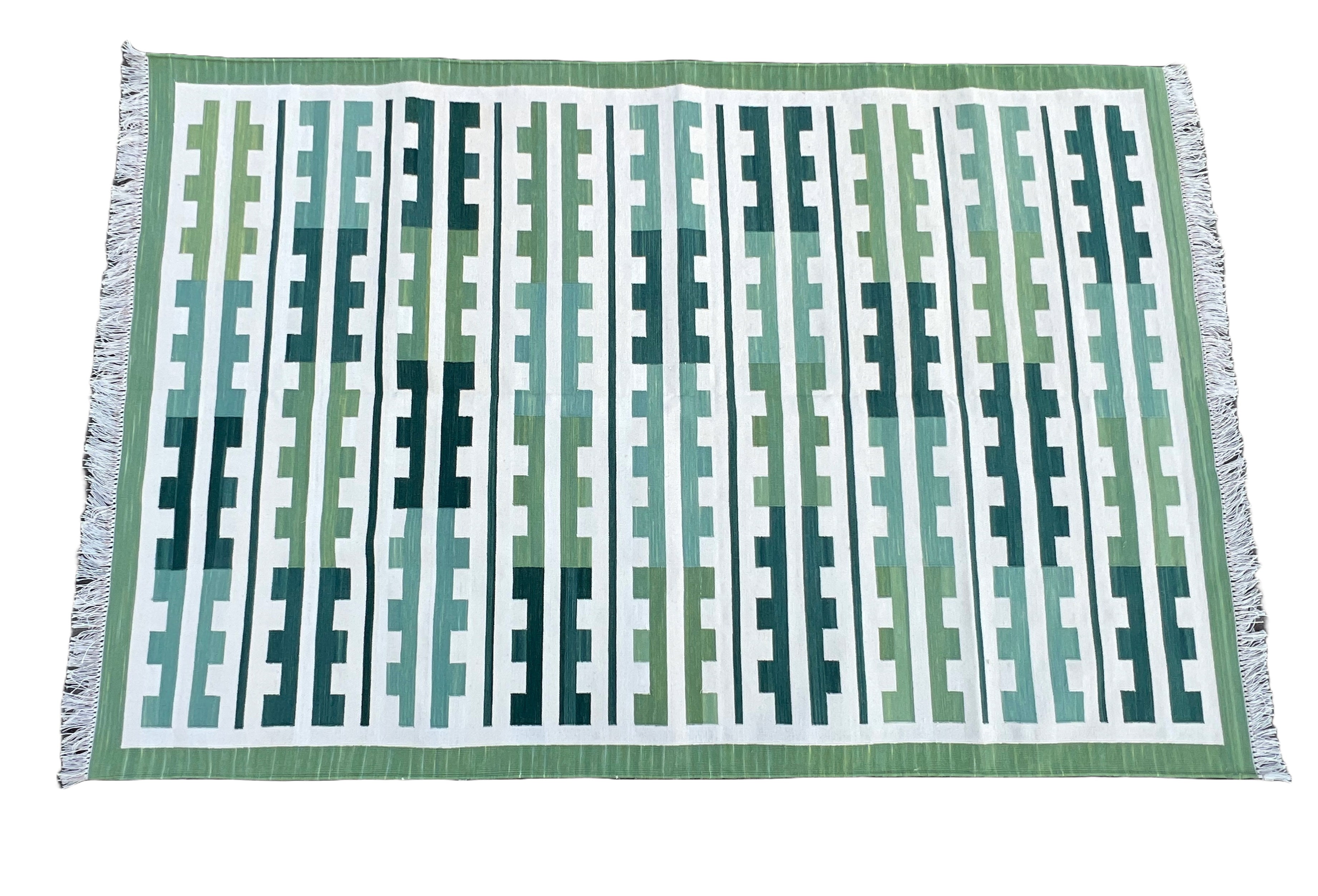 Modern Handmade Cotton Green And Cream Marianne Striped Rug-6739