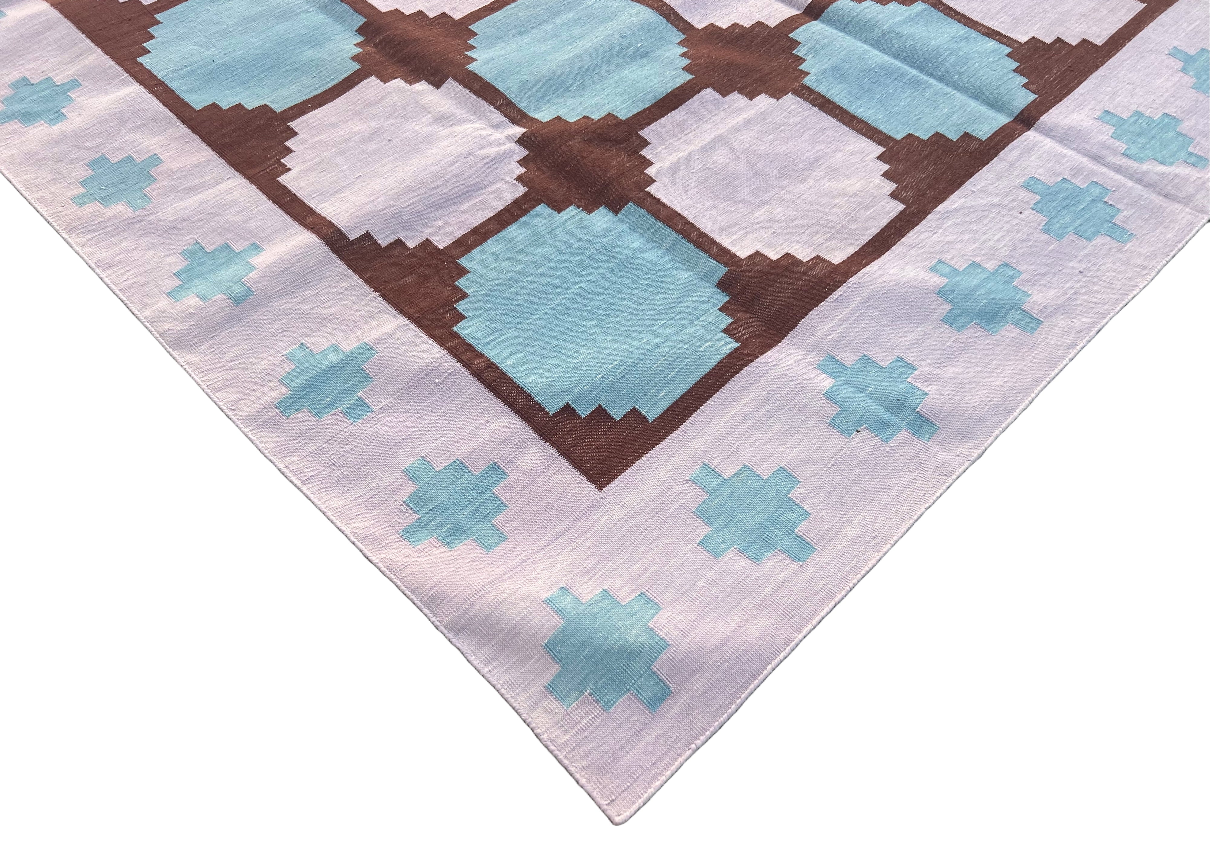 Modern Handmade Cotton Lavender And Blue Geometric Tile Star Rug-6539