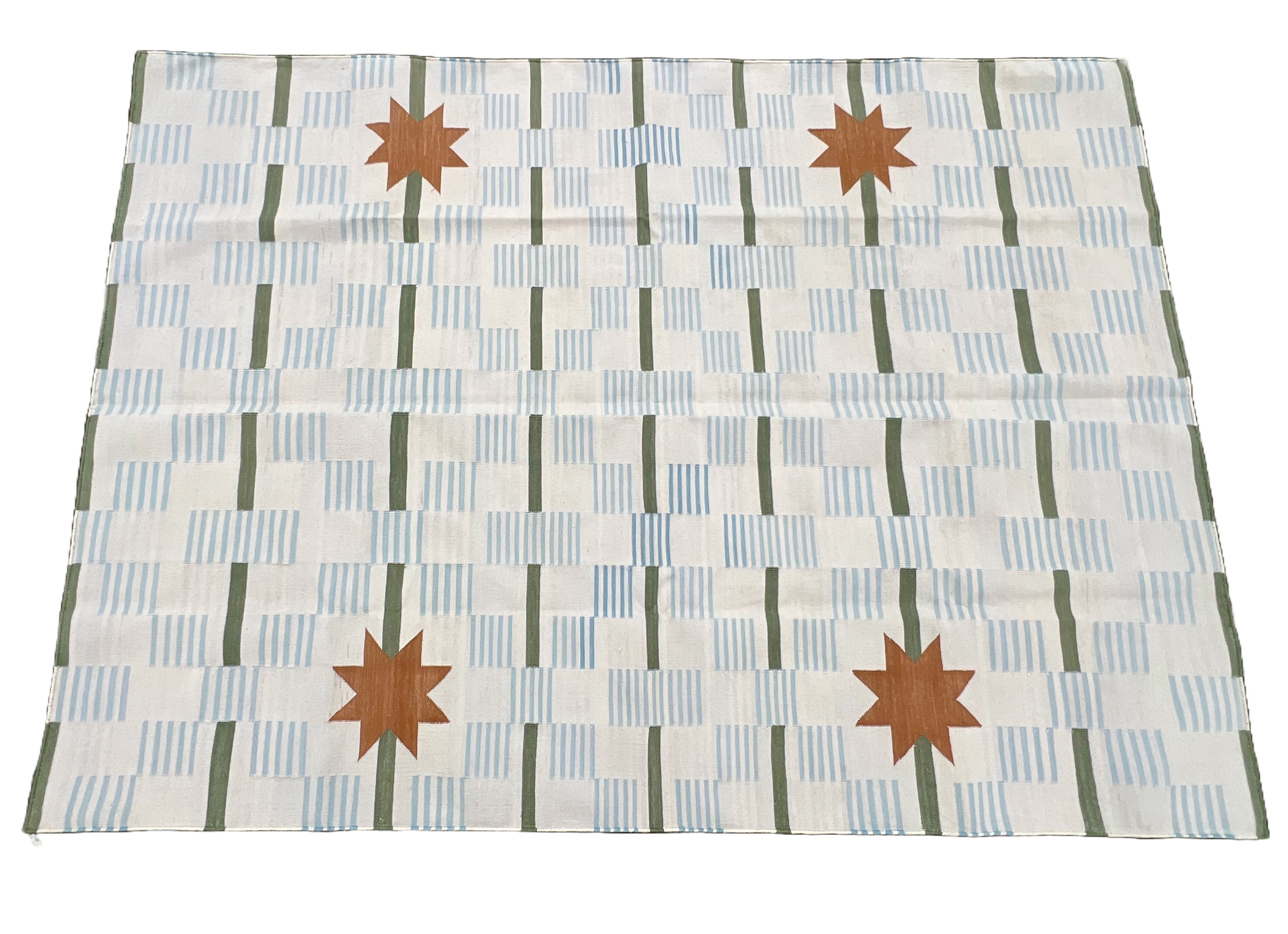 Modern Handmade Cotton Cream, Blue, Green And Tan Star Dash Striped Rug-6740