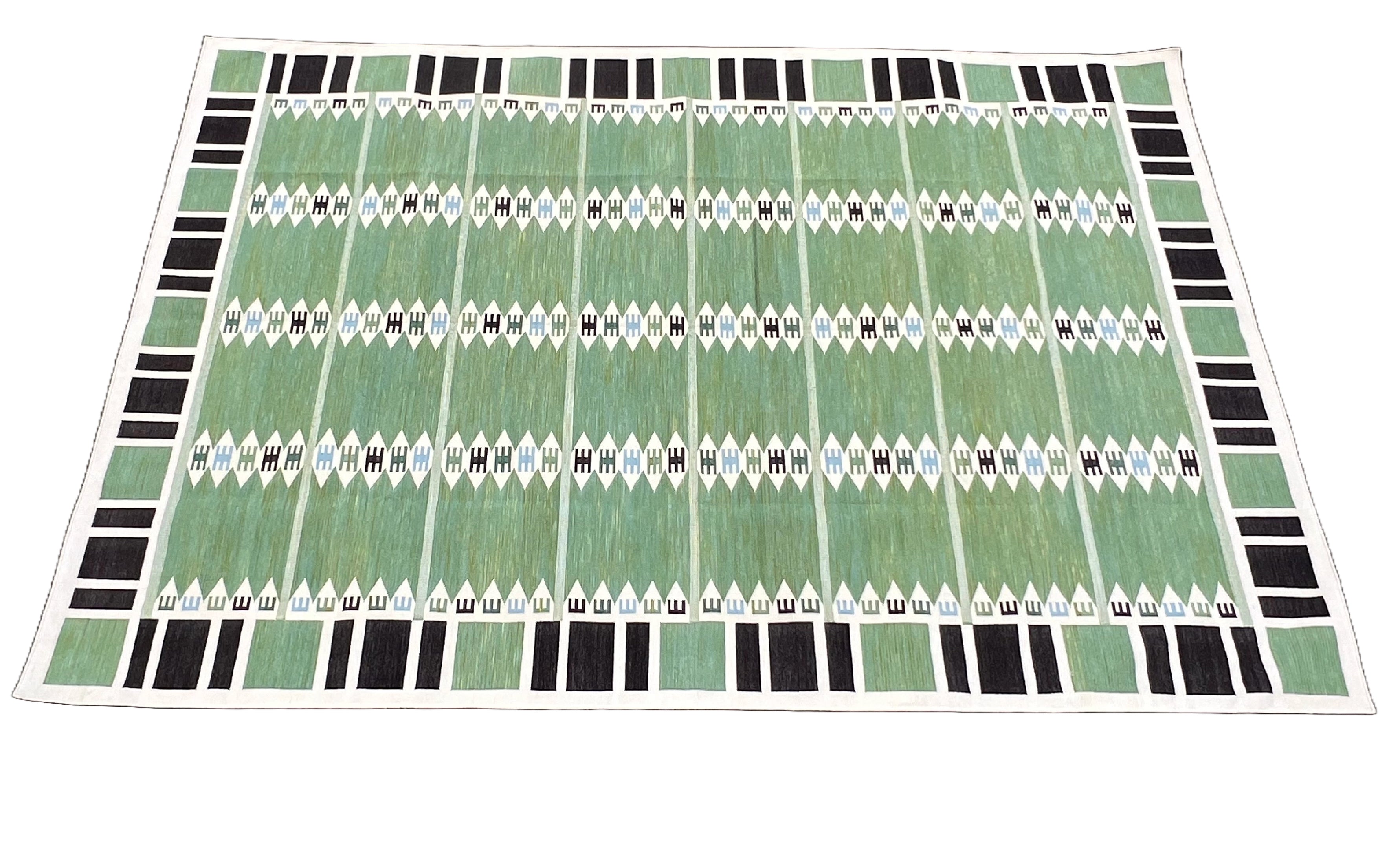 Modern Handmade Cotton Area Flat Weave Rug, Natural Vegetable Dyed, Green And Brown Geometric Indian Dhurrie