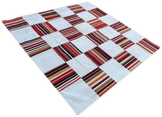 Modern Handmade Cotton Rug, 10x10 Cream, Red, Green, Brown Tile Striped Rug-6768