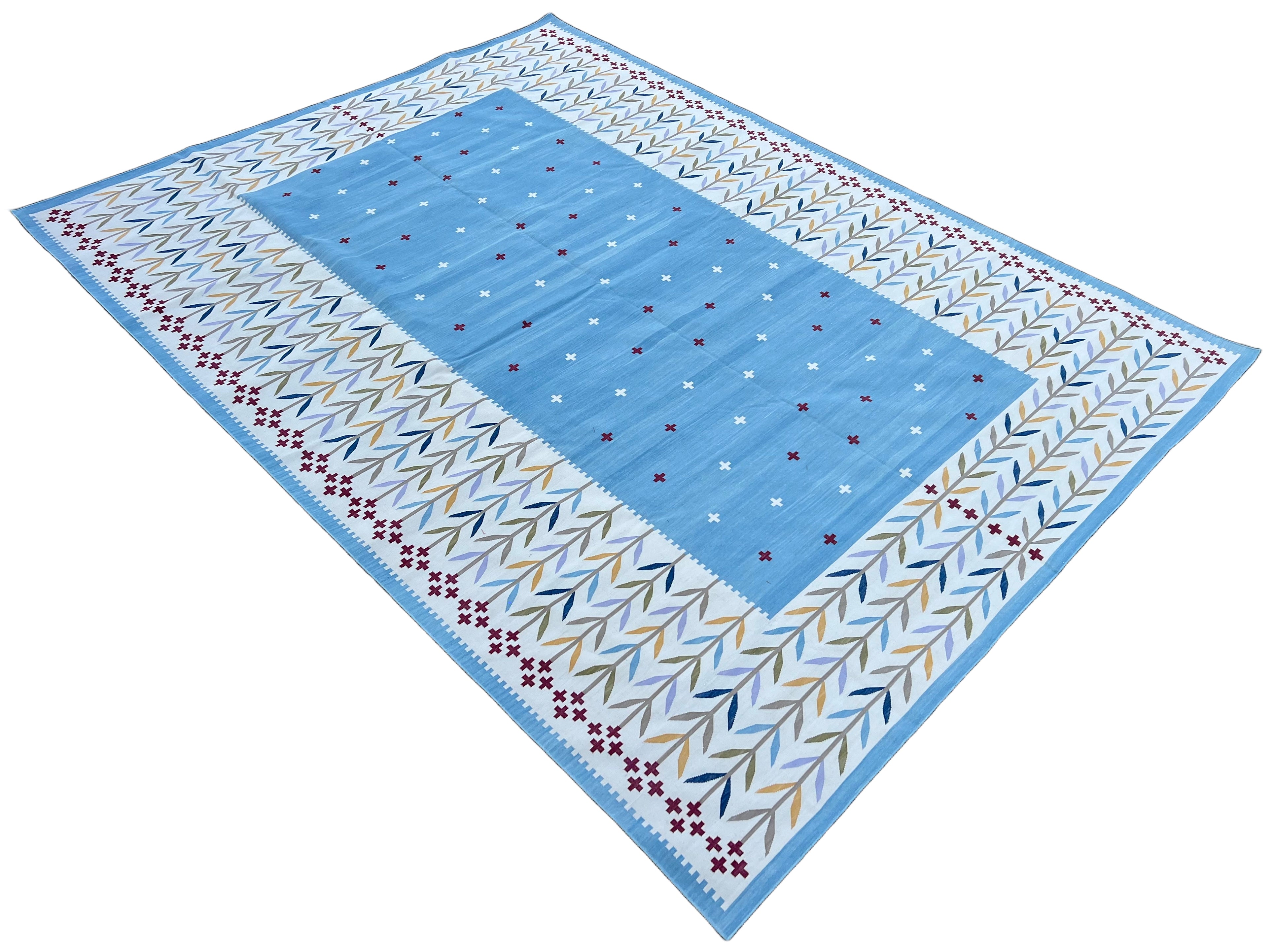 Modern Handmade Cotton Area Flat Weave Rug, Natural Vegetable Dyed, Sky Blue And Cream Leaf Indian Dhurrie