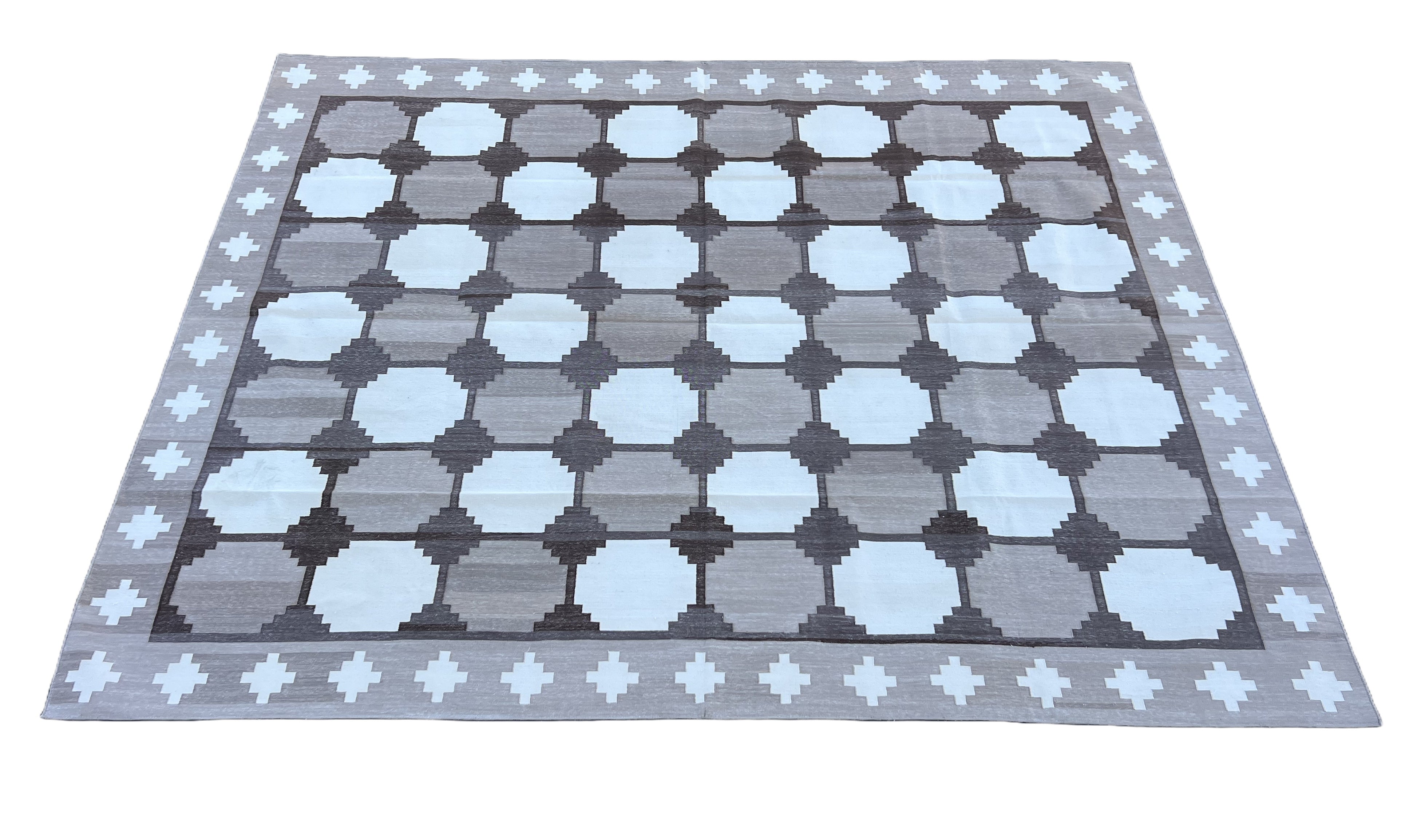 Modern Handmade Cotton Beige And Brown Geometric Swedish Star Rug-6759