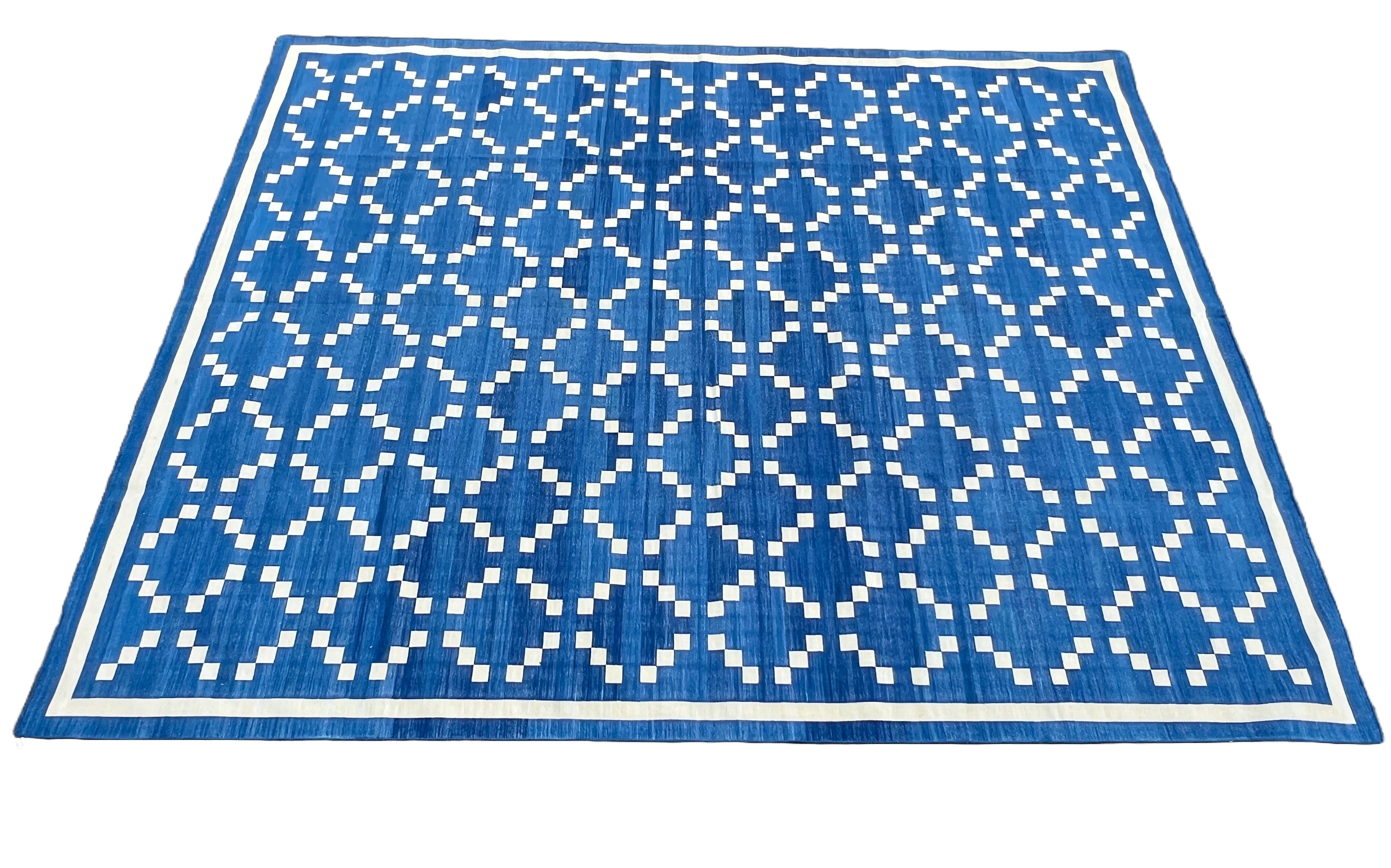 Modern Handmade Cotton Indigo Blue And Cream Diamond Rug-6738