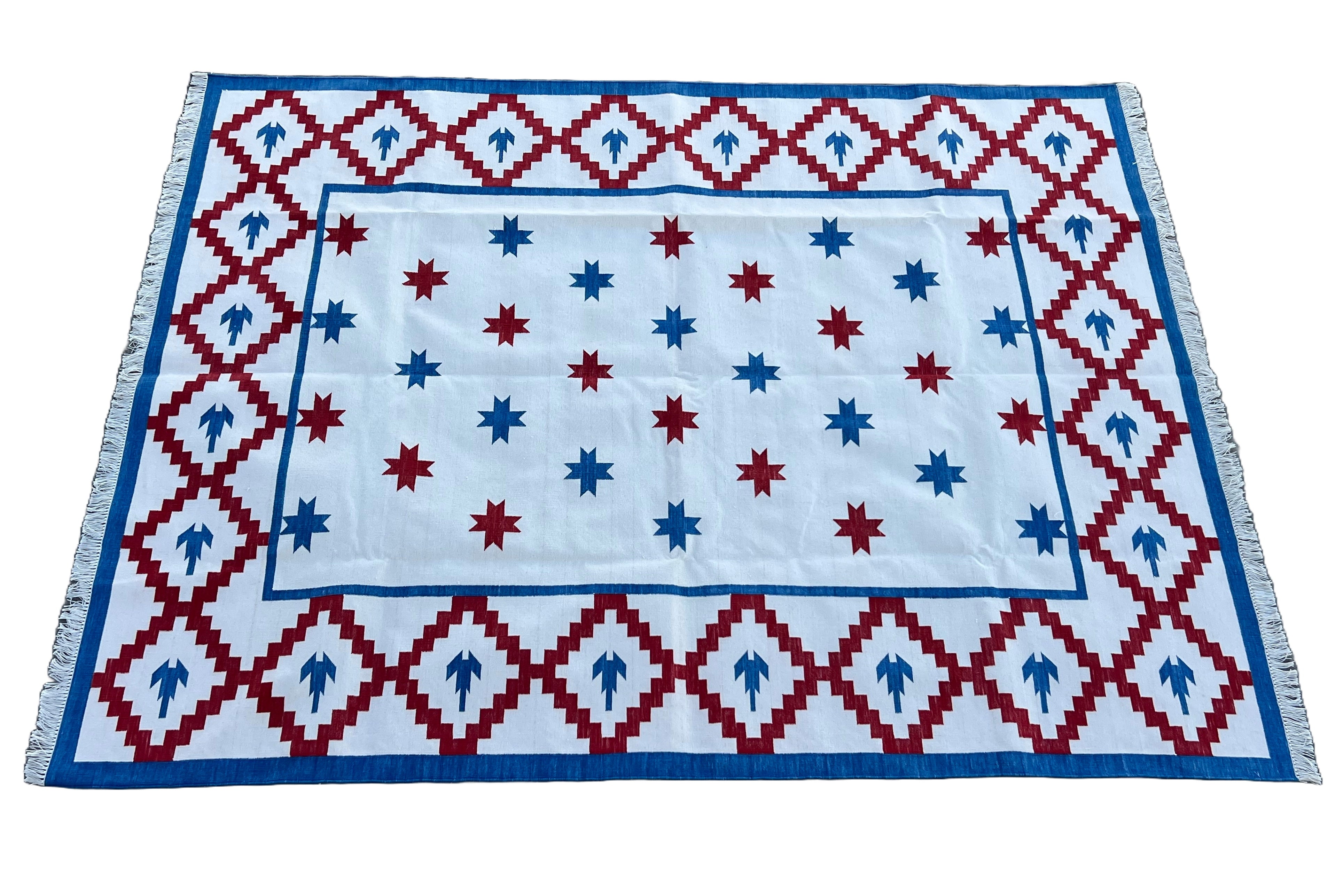 Modern Handmade Cotton Cream, Blue And Red Geometric/ Star Rug - MC-6726