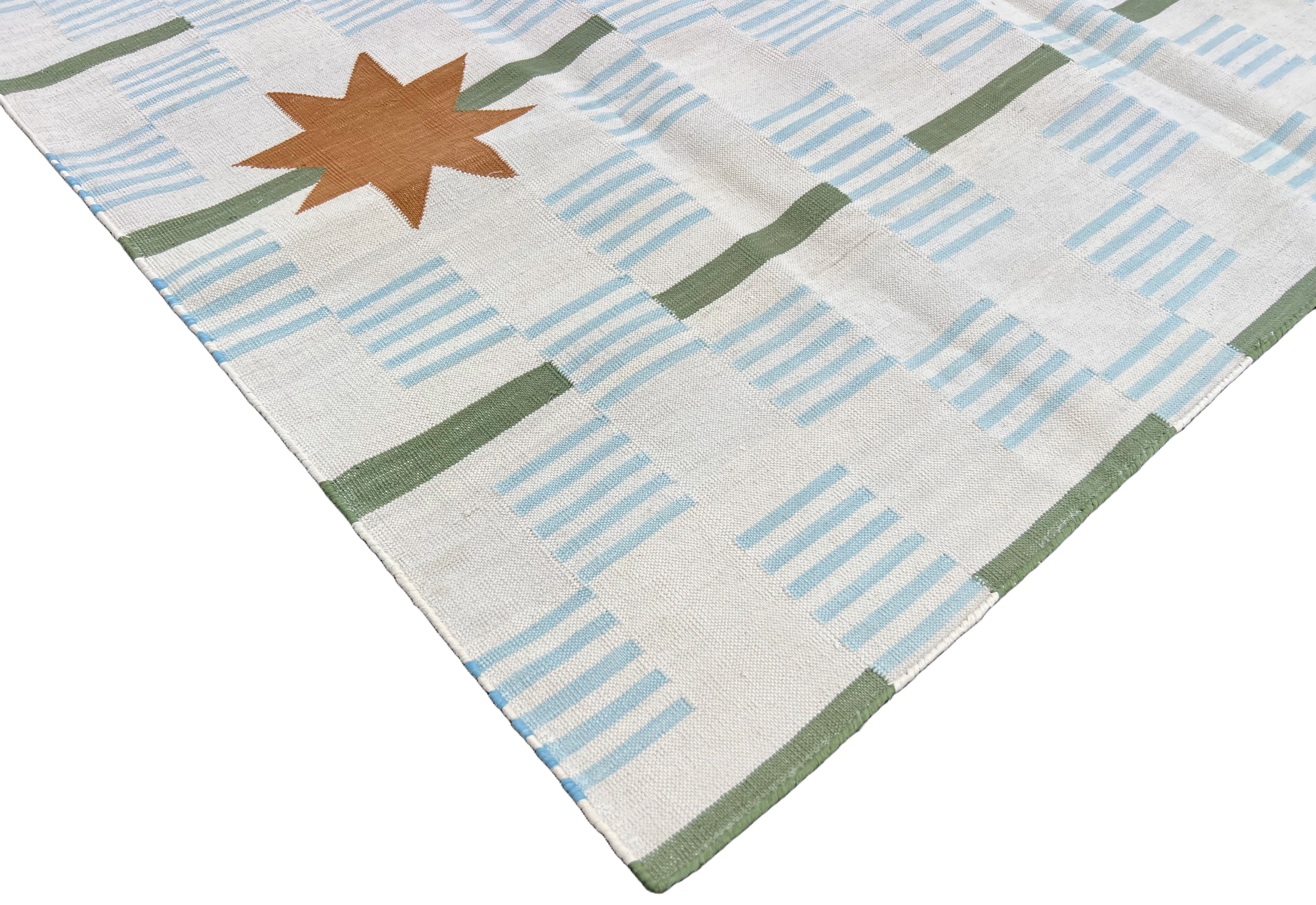 Modern Handmade Cotton Cream, Blue, Green And Tan Star Dash Striped Rug-6740