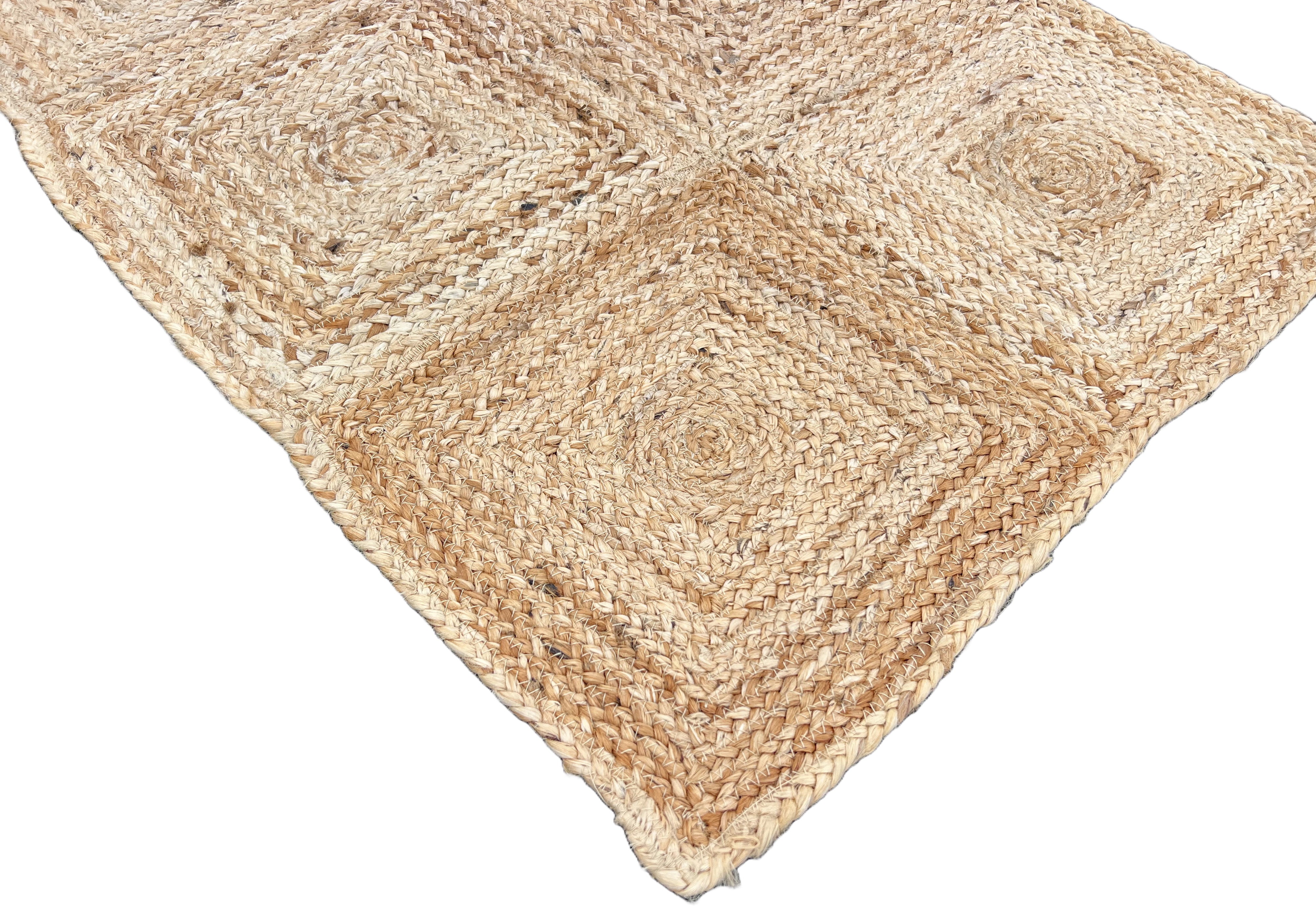 Modern Handmade Natural Jute Checked Blocked Rug Indian Dhurrie -8044