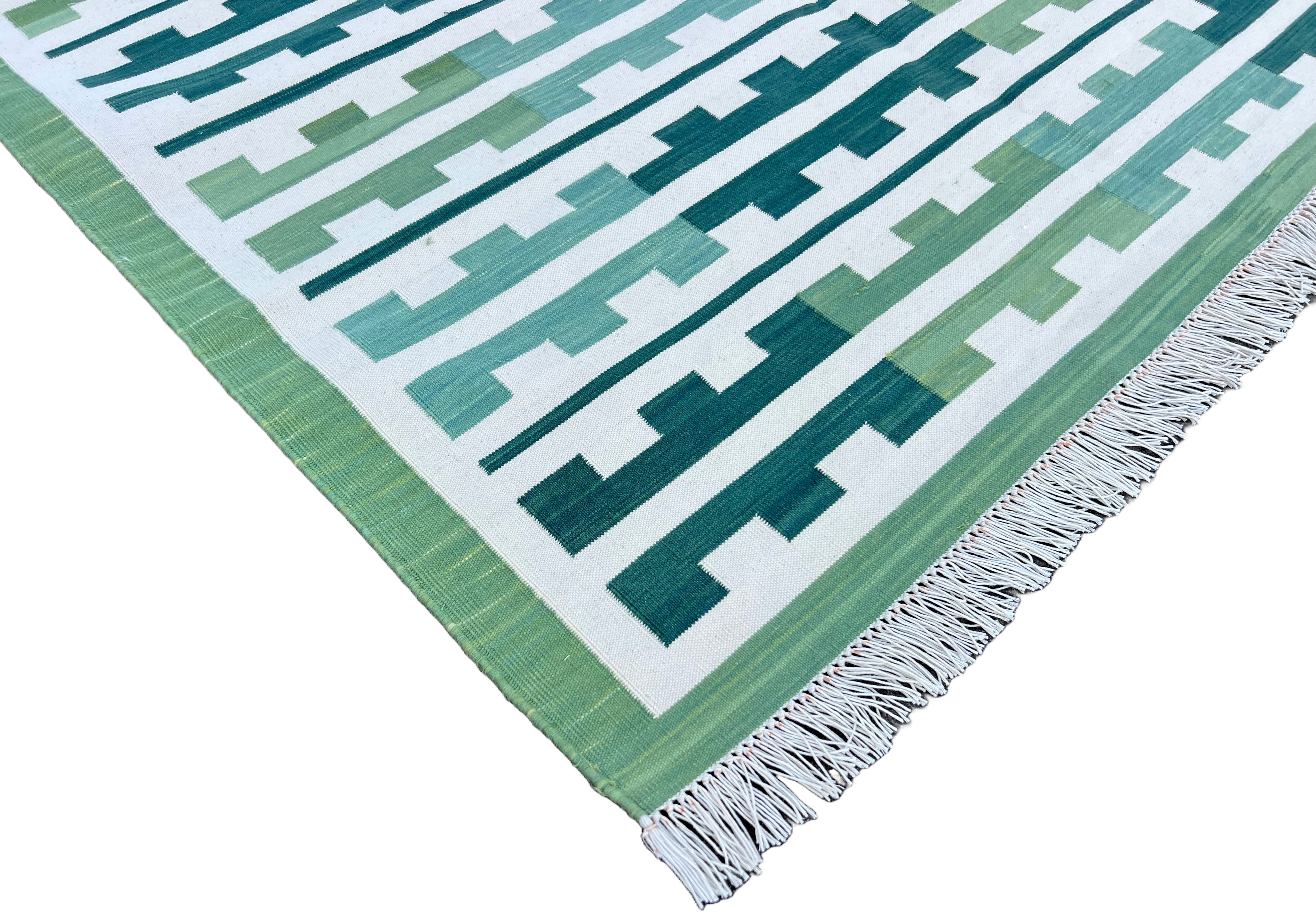 Modern Handmade Cotton Green And Cream Marianne Striped Rug-6739
