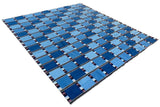 Modern Handmade Cotton Area Flat Weave Rug, Blue, Cream And Brown Checked Dhurrie-6724