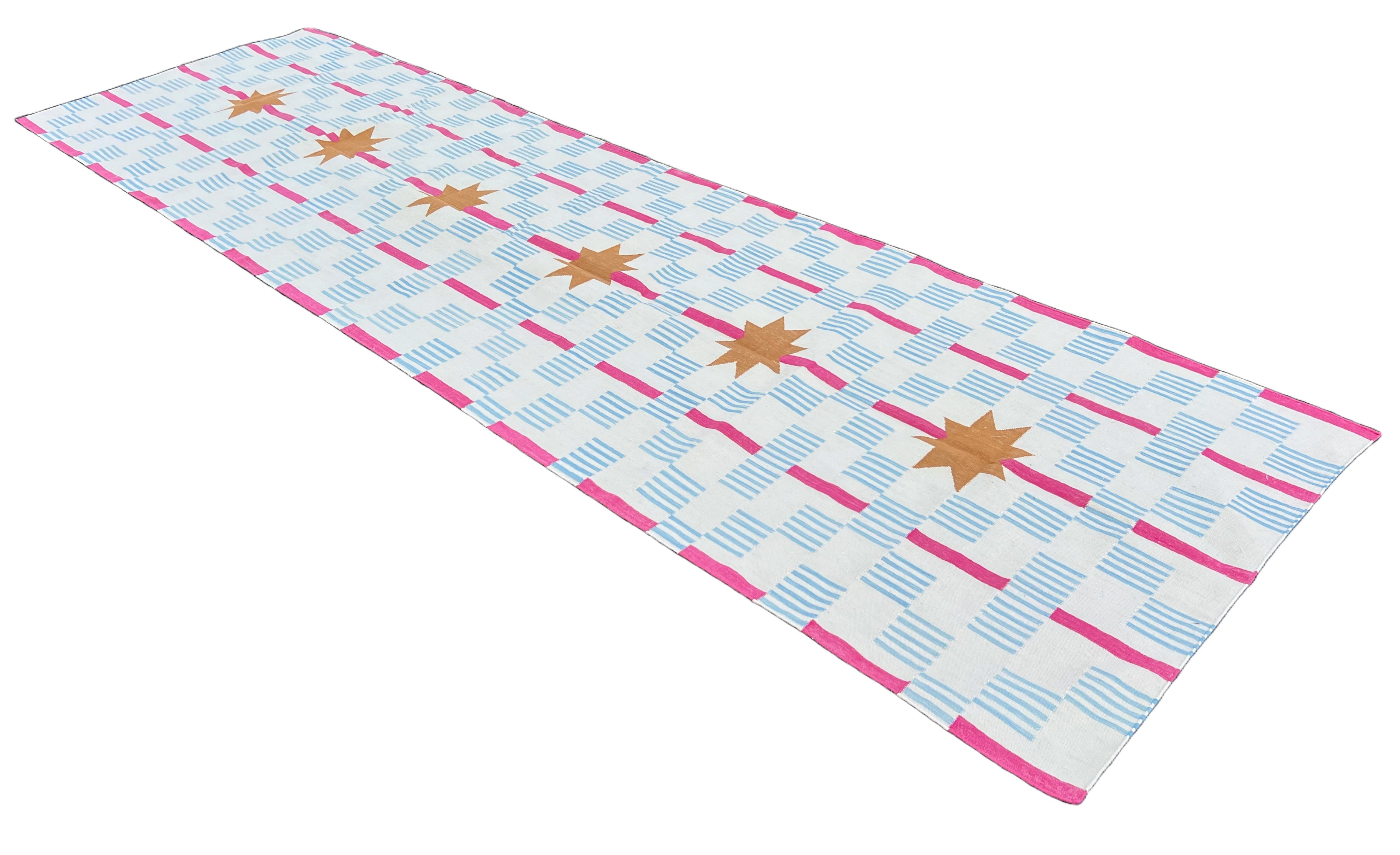 Modern Handmade Cotton Cream, Sky Blue Tan And Pink 4x14 Feet Star And Dash Runner-6749