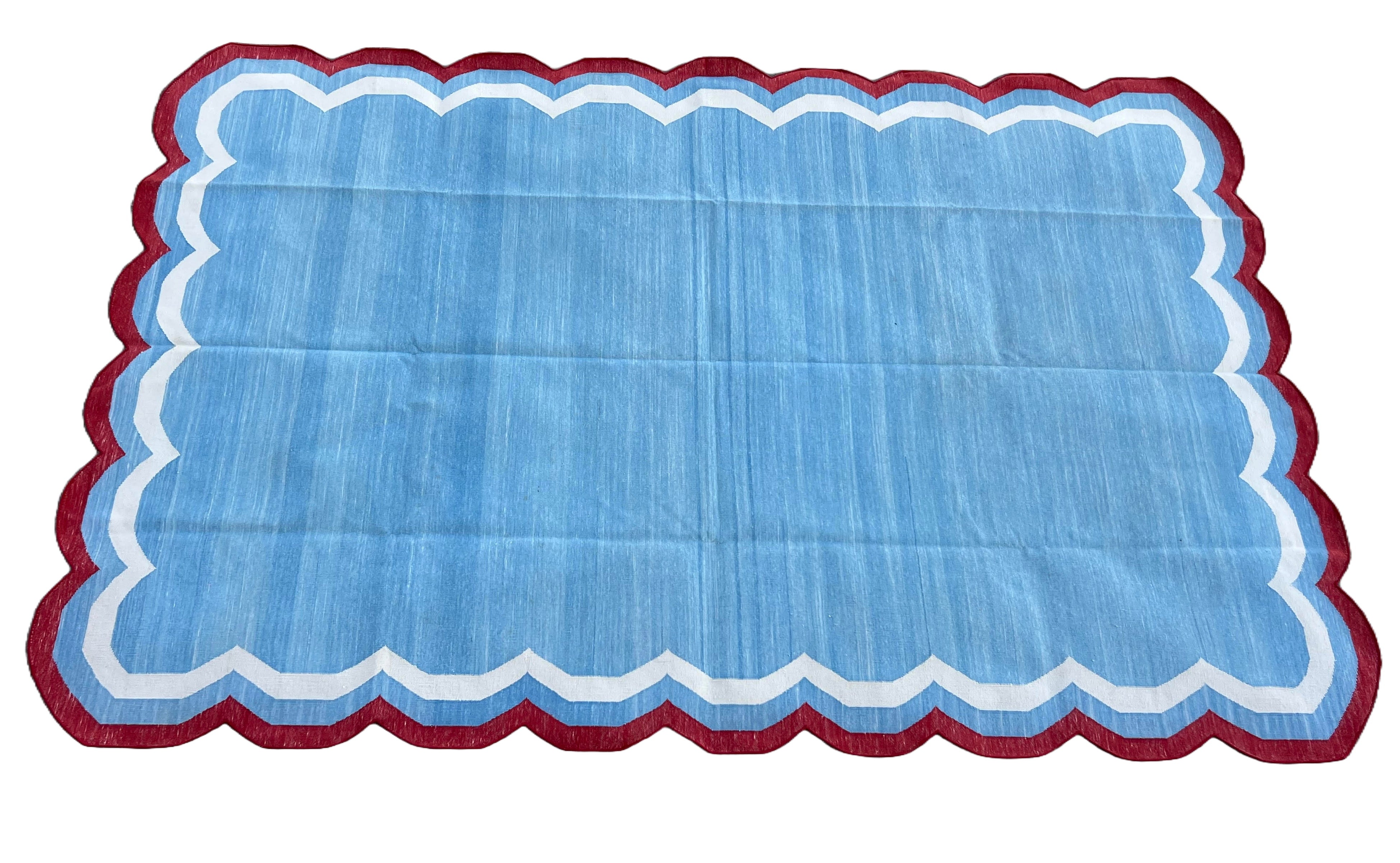 Modern Handmade Cotton Sky Blue, Cream and Red Scalloped Rug-9651