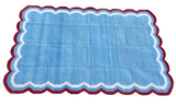 Modern Handmade Cotton Sky Blue, Cream and Red Scalloped Rug-9651