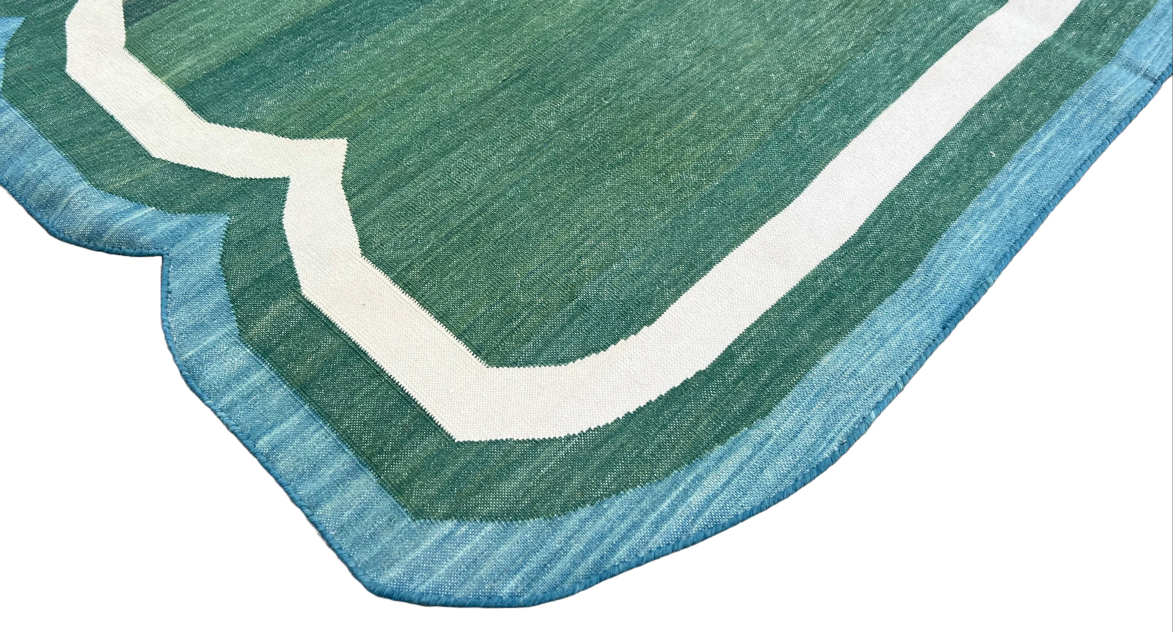 Modern Handmade Cotton Forest Green, Cream and Teal Blue Scalloped Rug-9649