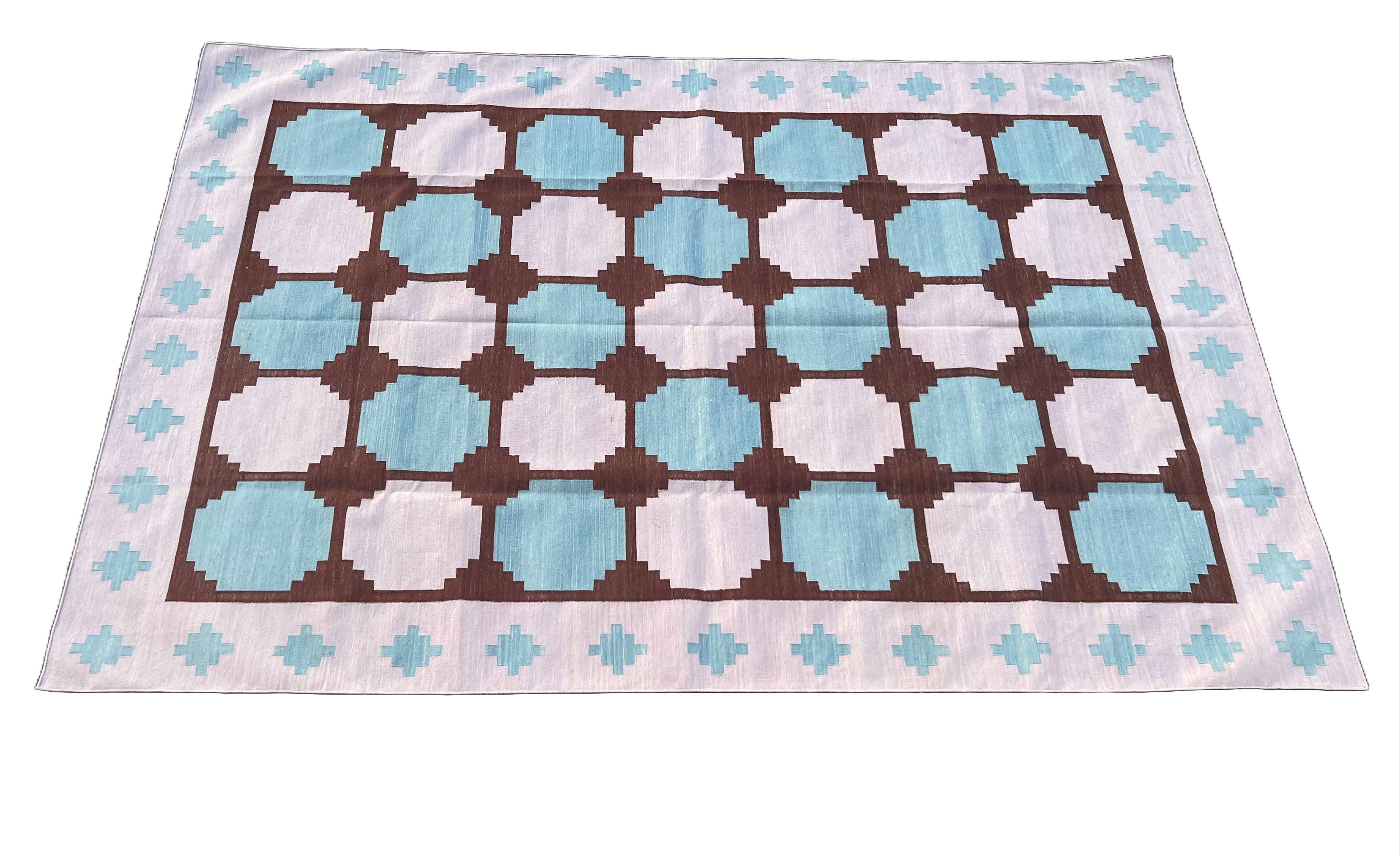 Modern Handmade Cotton Lavender And Blue Geometric Tile Star Rug-6539