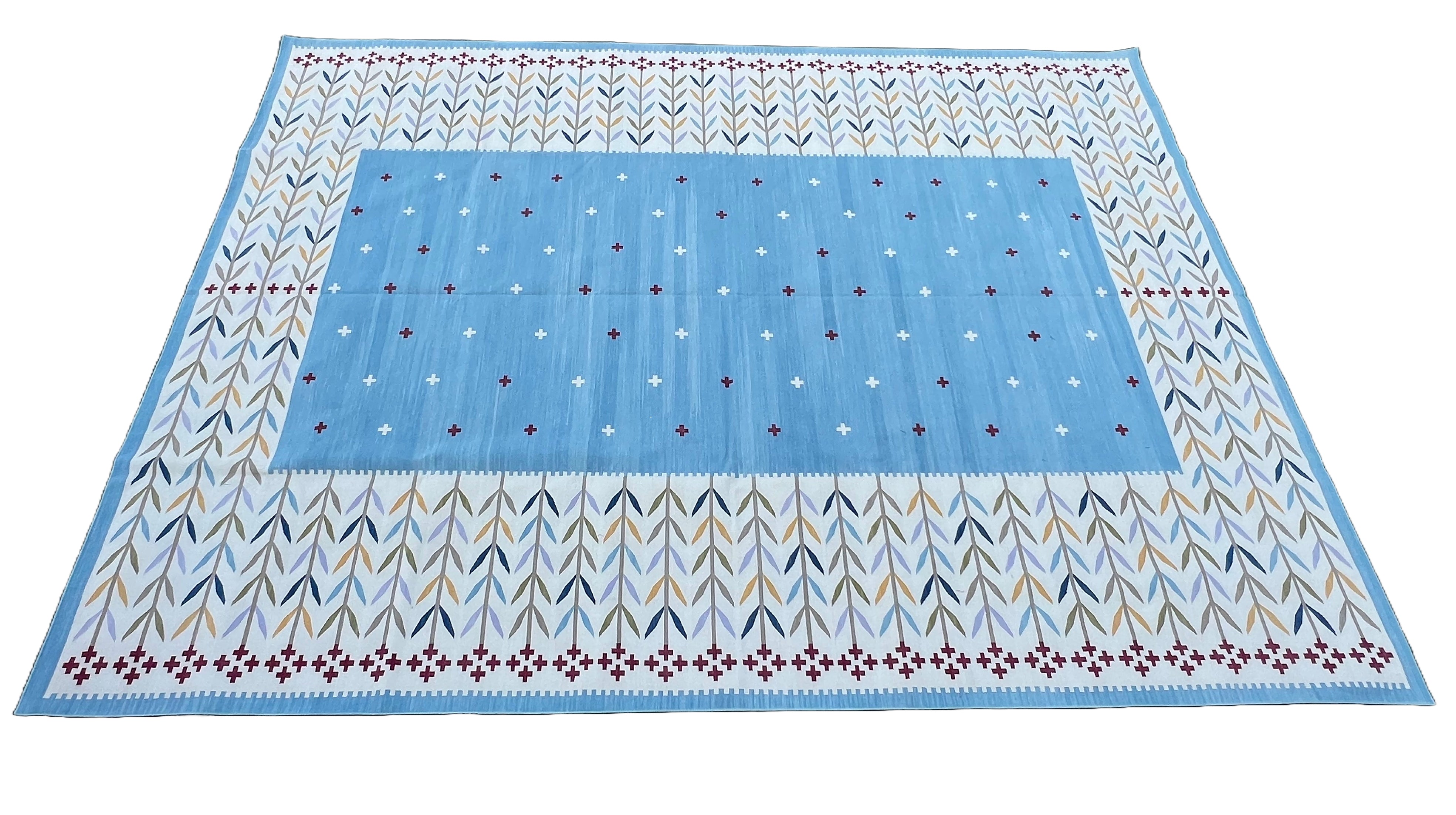 Modern Handmade Cotton Area Flat Weave Rug, Natural Vegetable Dyed, Sky Blue And Cream Leaf Indian Dhurrie