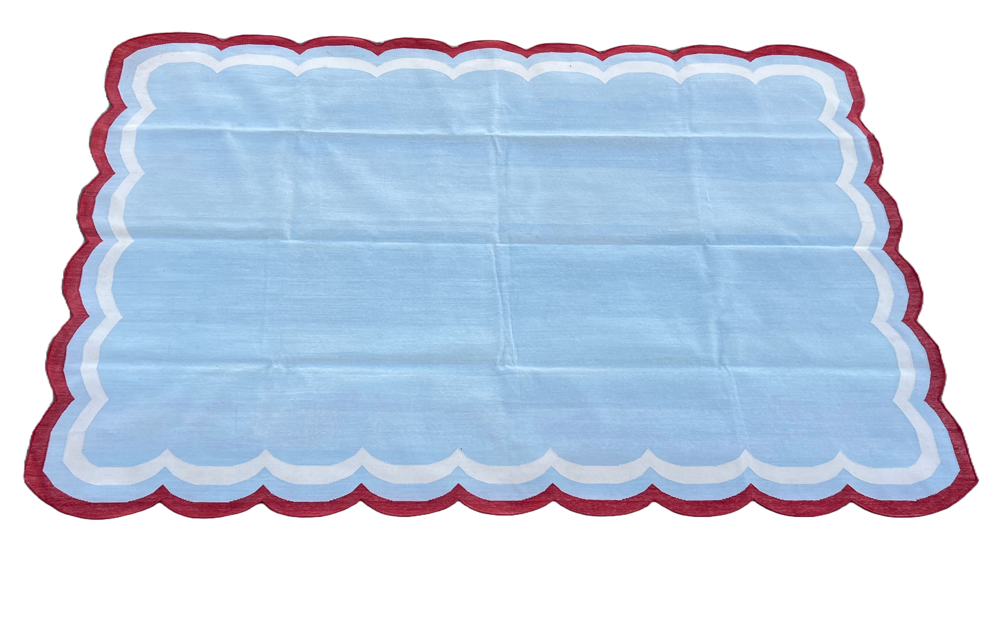 Modern Handmade Cotton Sky Blue, Cream and Red Scalloped Rug-9648