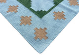 Modern Handmade New Zealand Wool Sky Blue, Beige And Green Tile Swedish Rug-6810