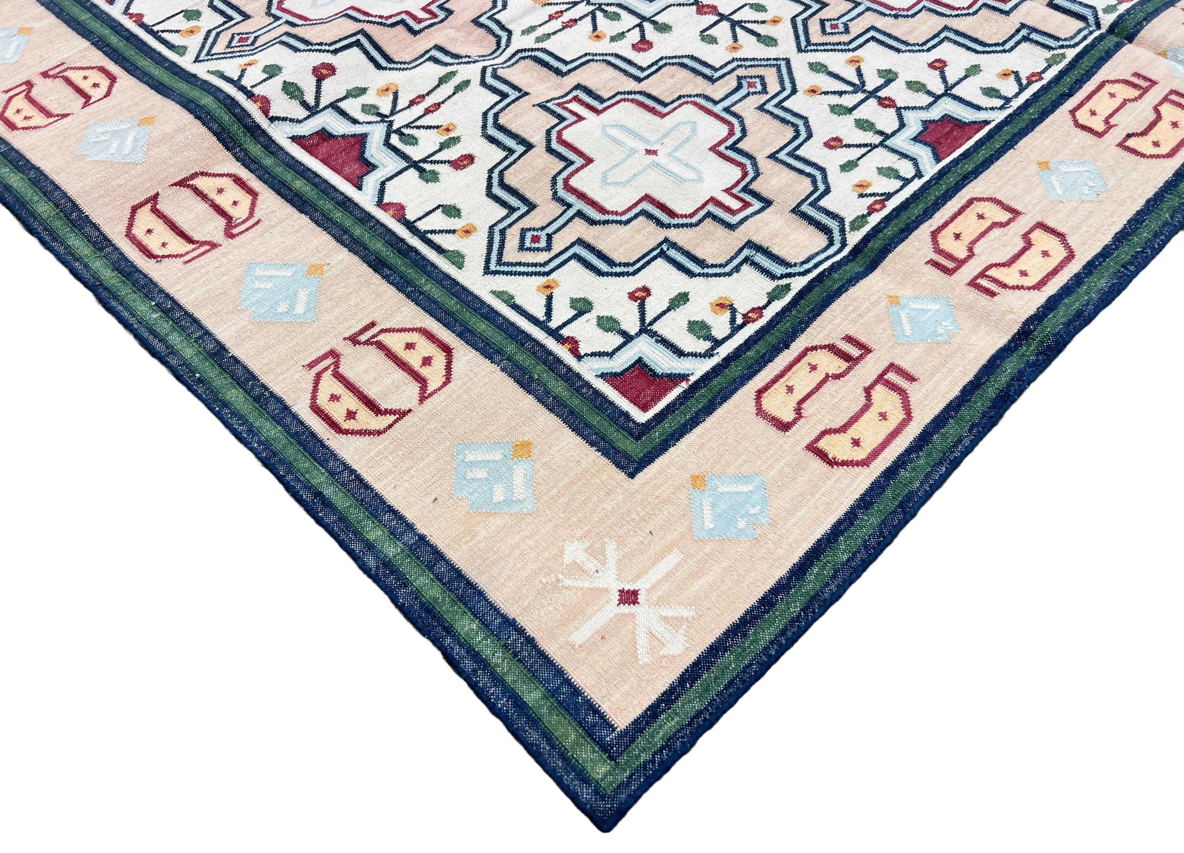 Modern Handmade Cotton Cream, Peach Red Leaf Geometric Indian Dhurrie-6741