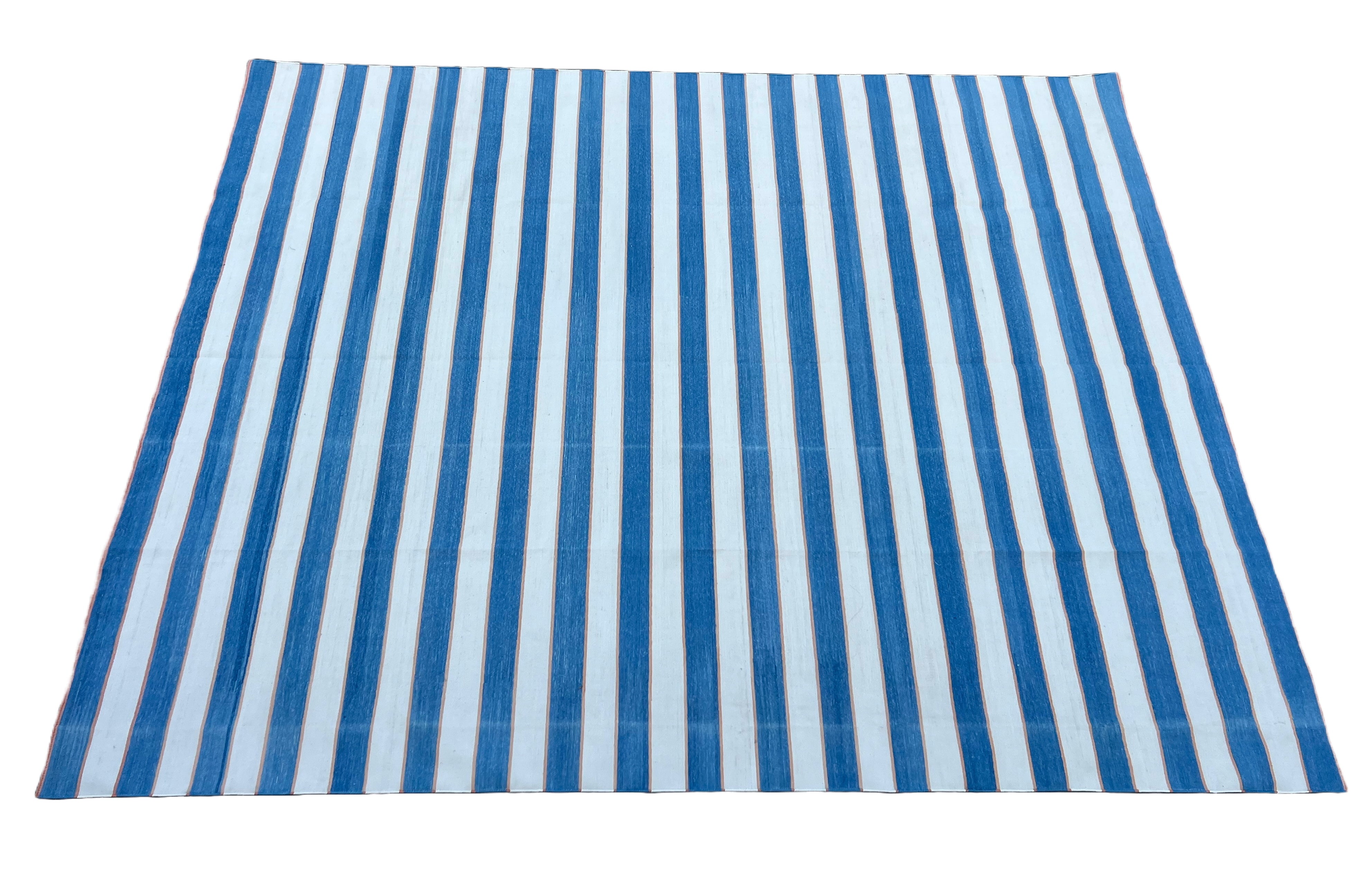 Modern Handmade Cotton Blue And Cream Striped Rug-6702