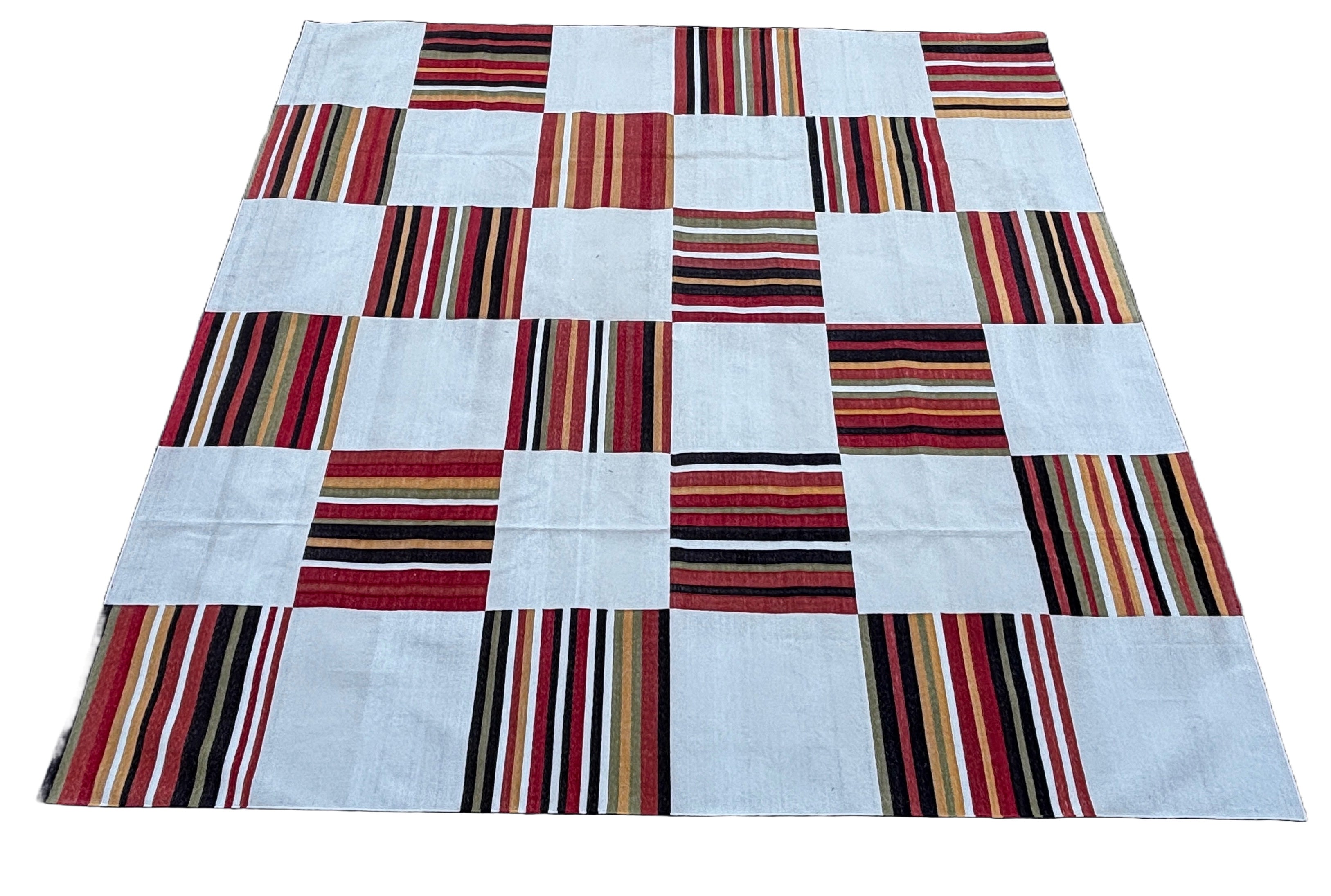 Modern Handmade Cotton Rug, 10x10 Cream, Red, Green, Brown Tile Striped Rug-6768