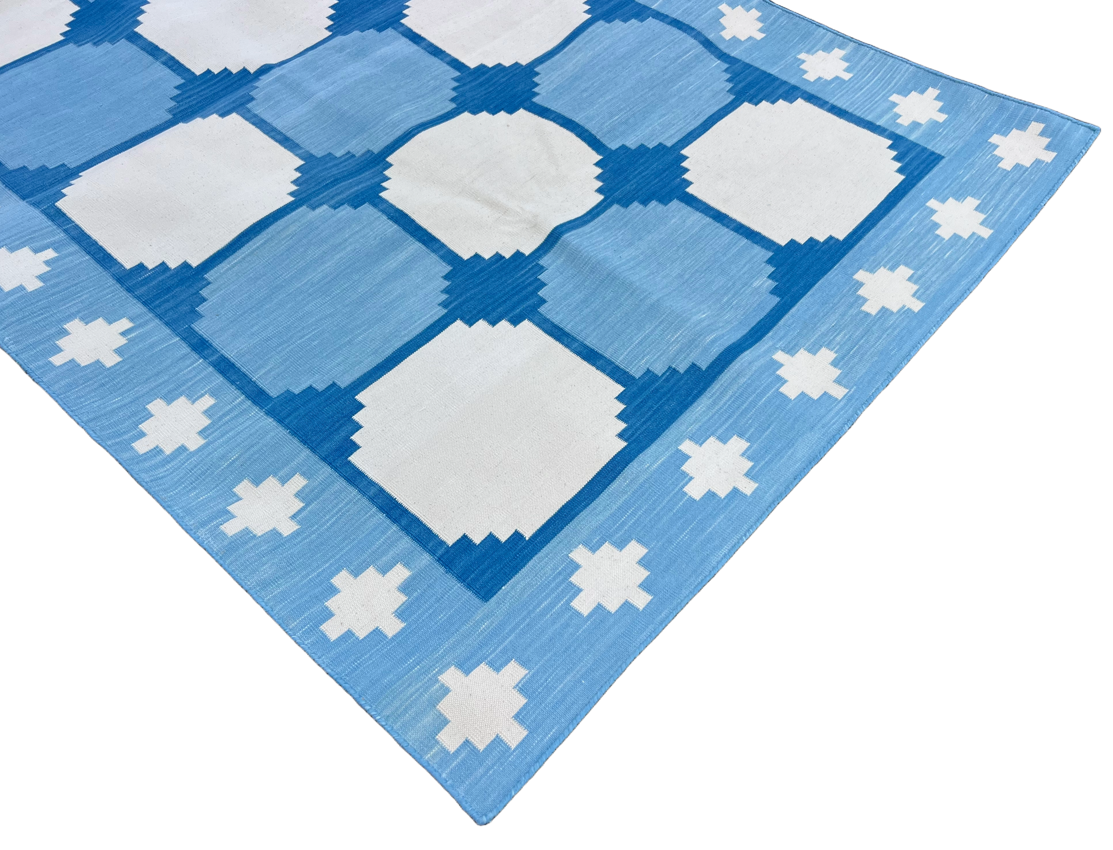 Modern Handmade Cotton Sky Blue And White Tile Swedish Runner-6733