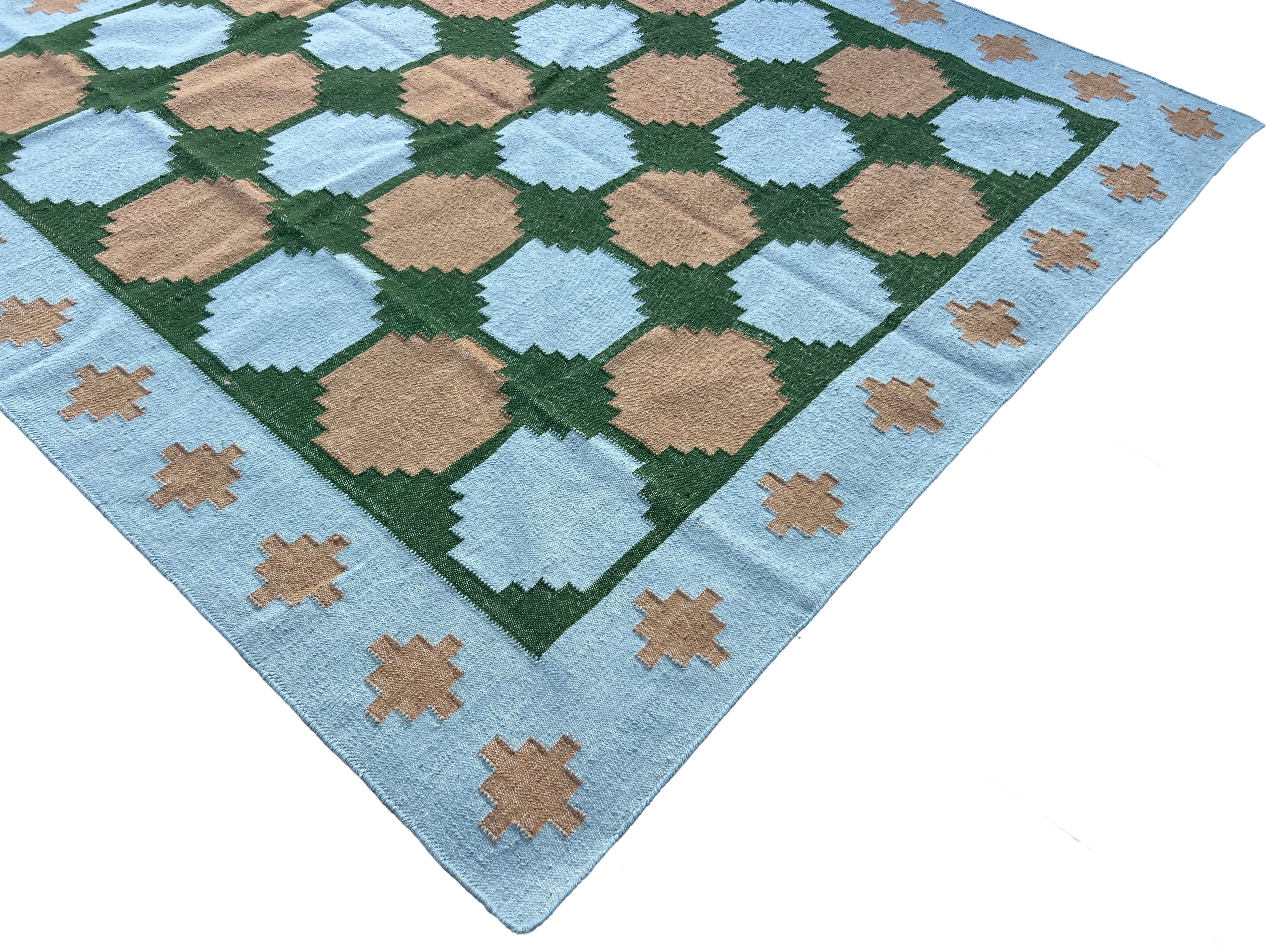 Modern Handmade New Zealand Wool Sky Blue, Beige And Green Tile Swedish Rug-6810