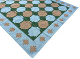 Modern Handmade New Zealand Wool Sky Blue, Beige And Green Tile Swedish Rug-6810