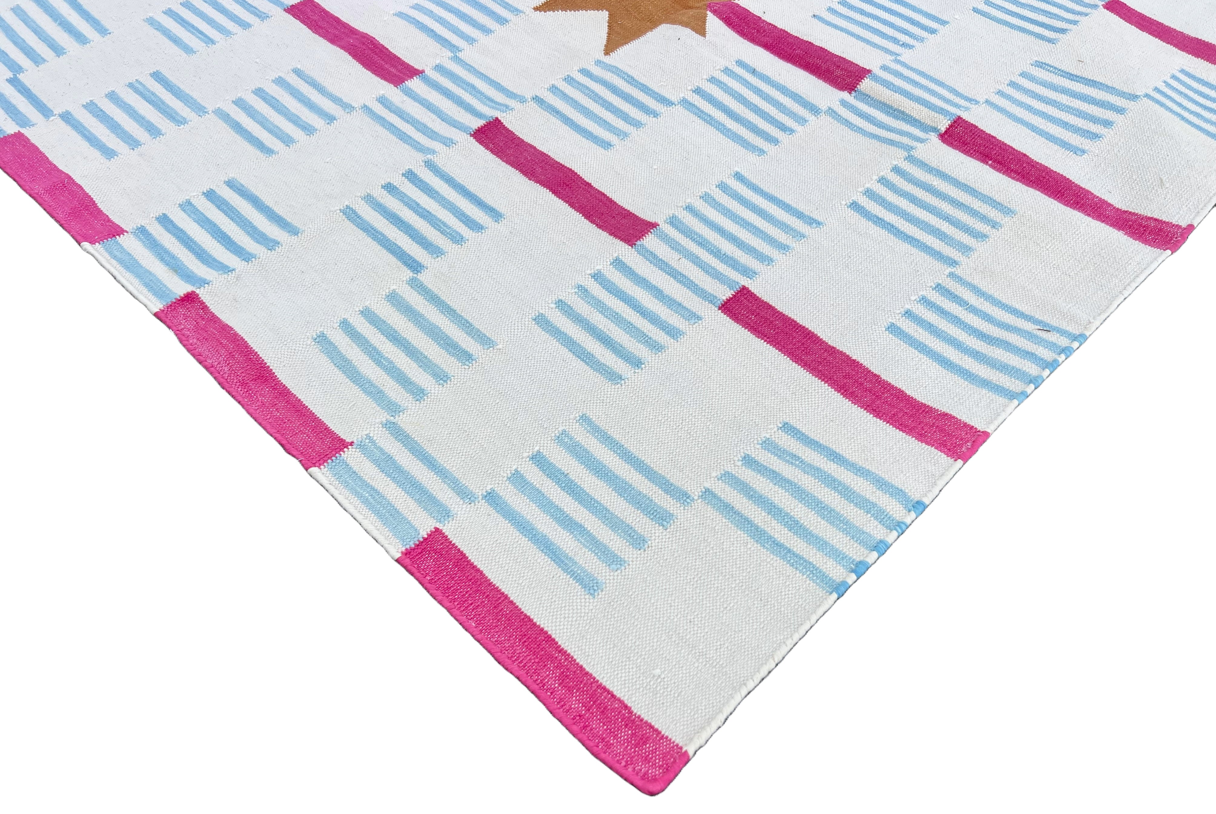 Modern Handmade Cotton Cream, Sky Blue Tan And Pink 4x14 Feet Star And Dash Runner-6749