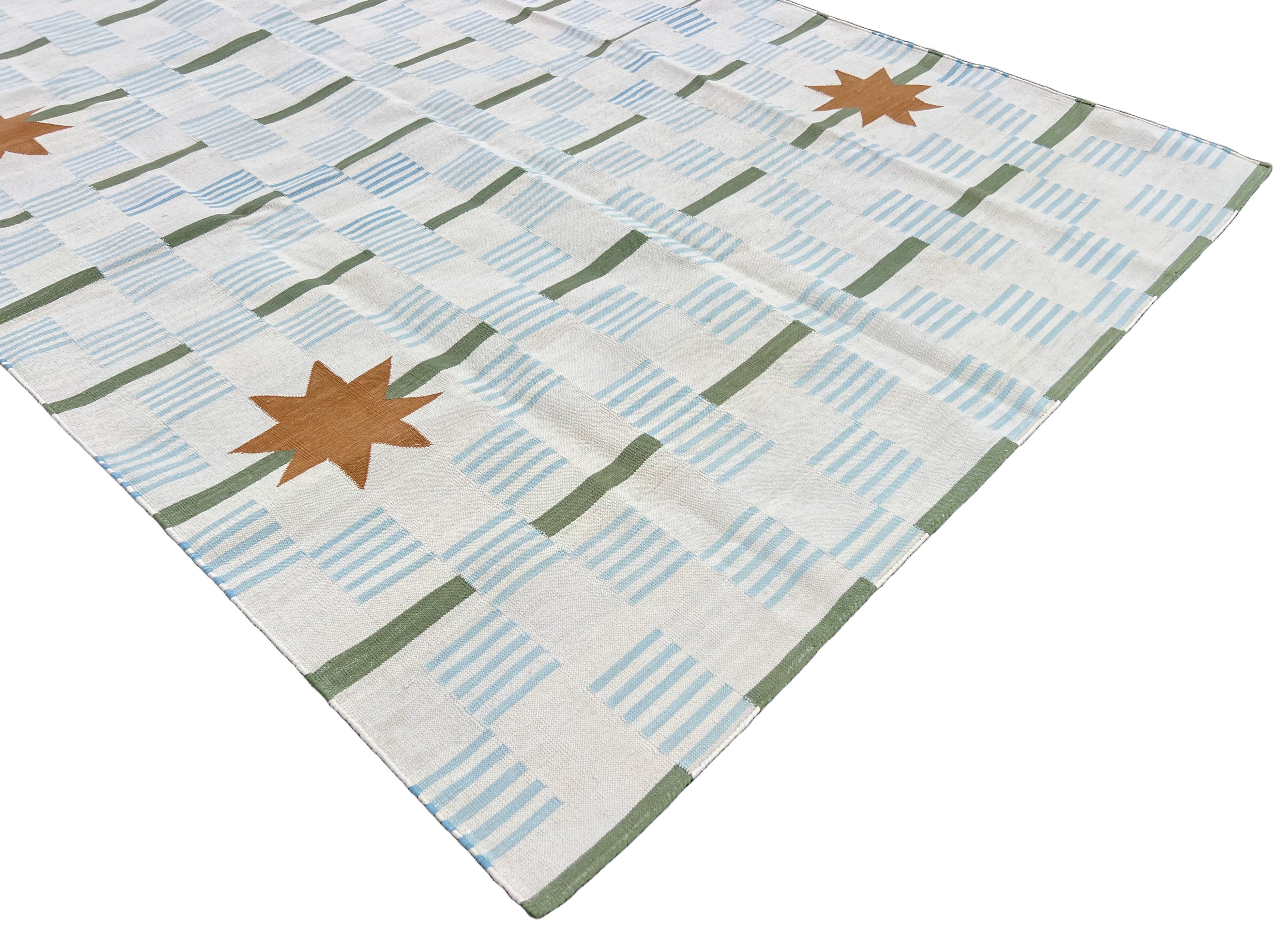 Modern Handmade Cotton Cream, Blue, Green And Tan Star Dash Striped Rug-6740