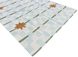 Modern Handmade Cotton Cream, Blue, Green And Tan Star Dash Striped Rug-6740