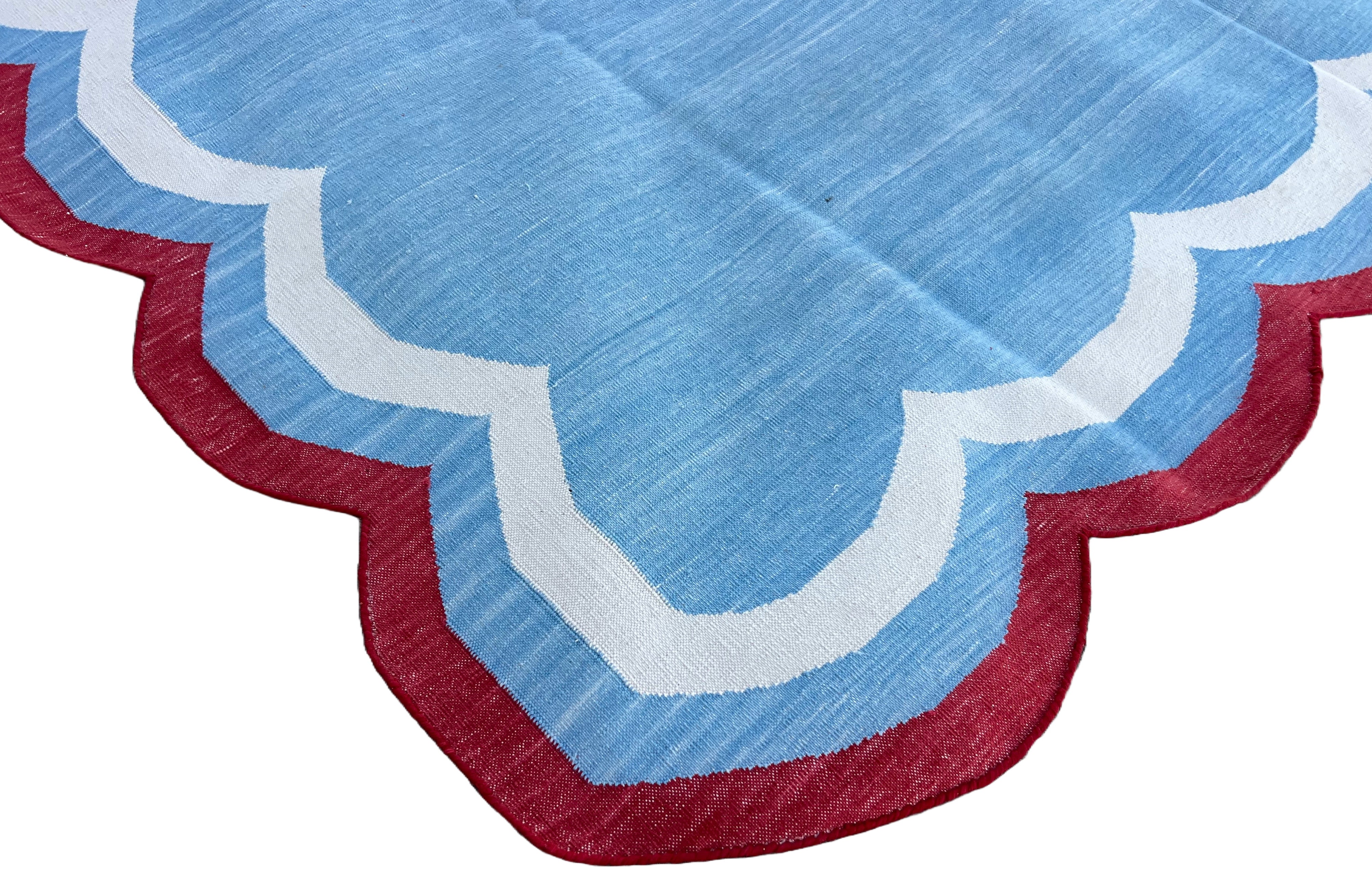 Modern Handmade Cotton Sky Blue, Cream and Red Scalloped Rug-9651