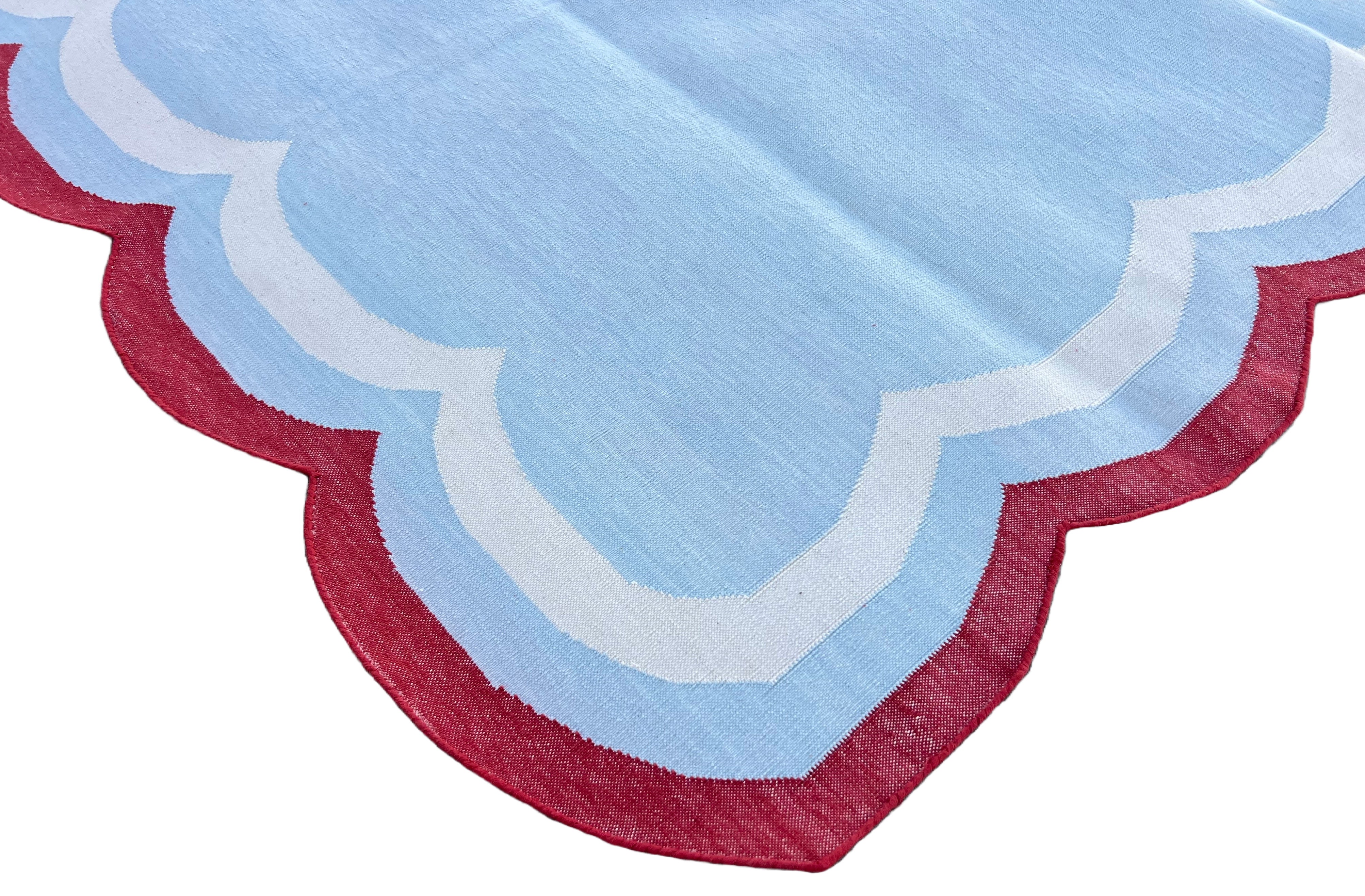 Modern Handmade Cotton Sky Blue, Cream and Red Scalloped Rug-9648