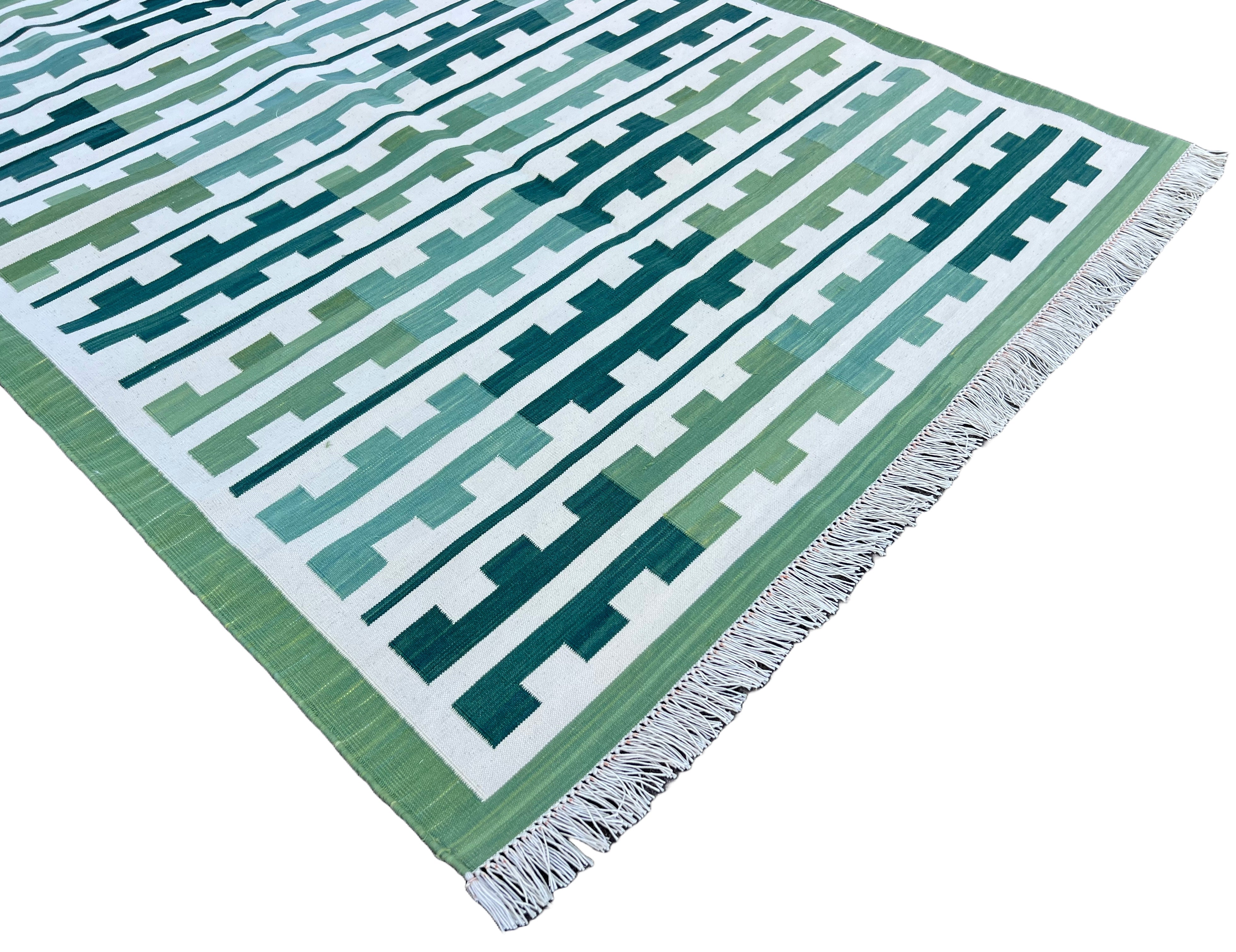 Modern Handmade Cotton Green And Cream Marianne Striped Rug-6739