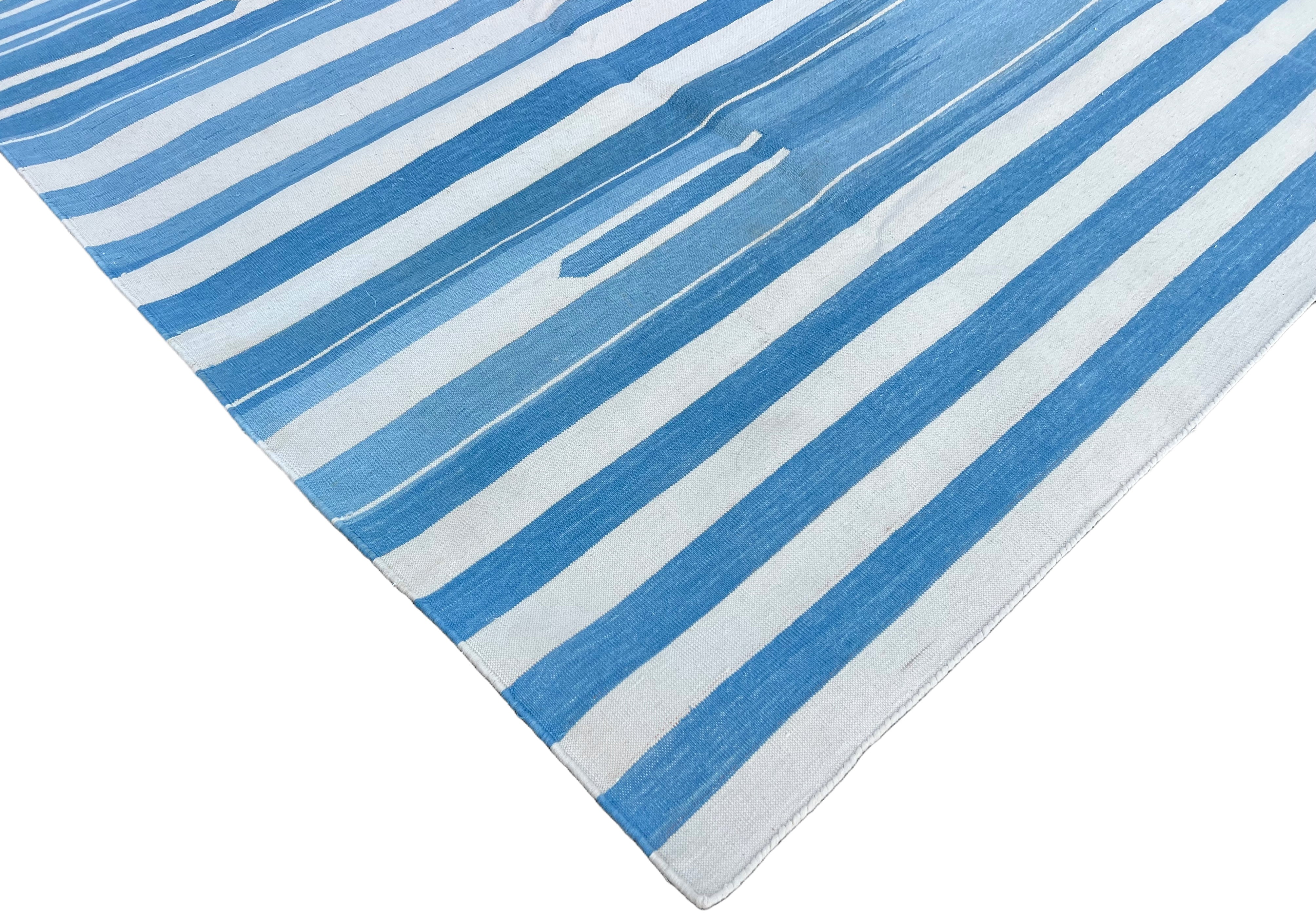 Modern Handmade Cotton Blue And White Candle Striped Rug-6745